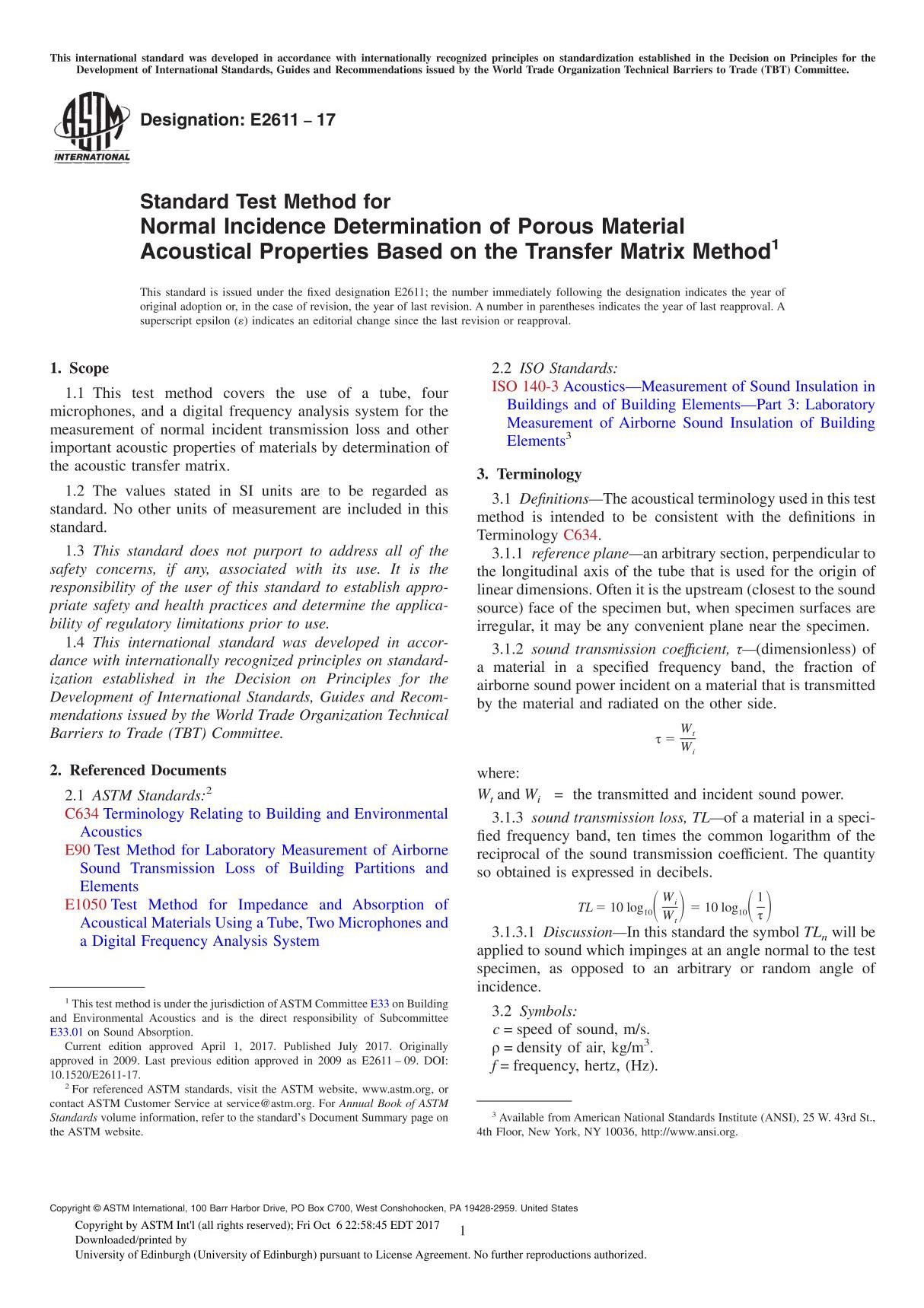 ASTM E2611-17 Standard Test Method for Normal Incidence Determination of Porous Material Acoustical Properties Based on the Tran