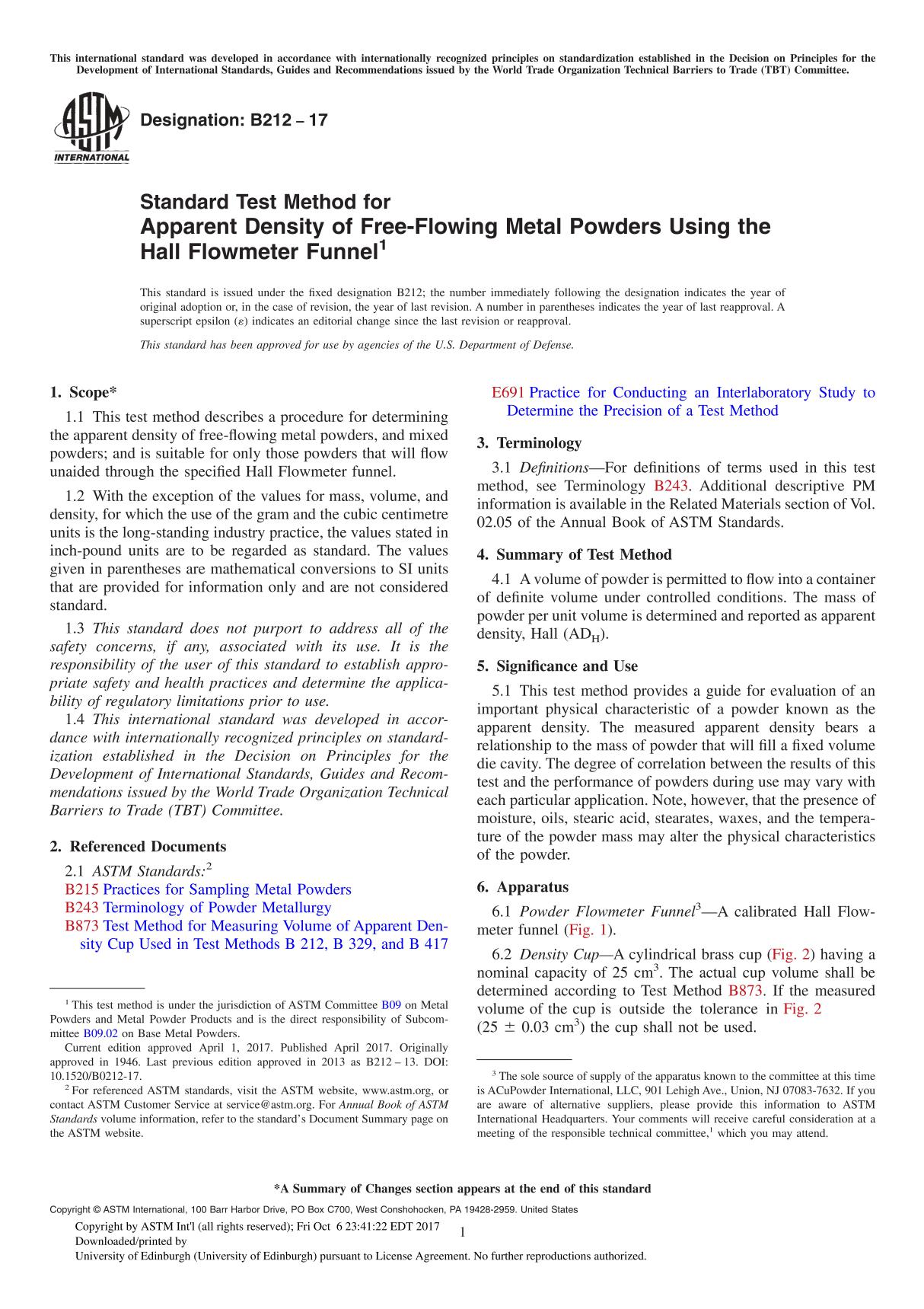 ASTM B212-17 Standard Test Method for Apparent Density of Free-Flowing Metal Powders Using the Hall Flowmeter Funnel