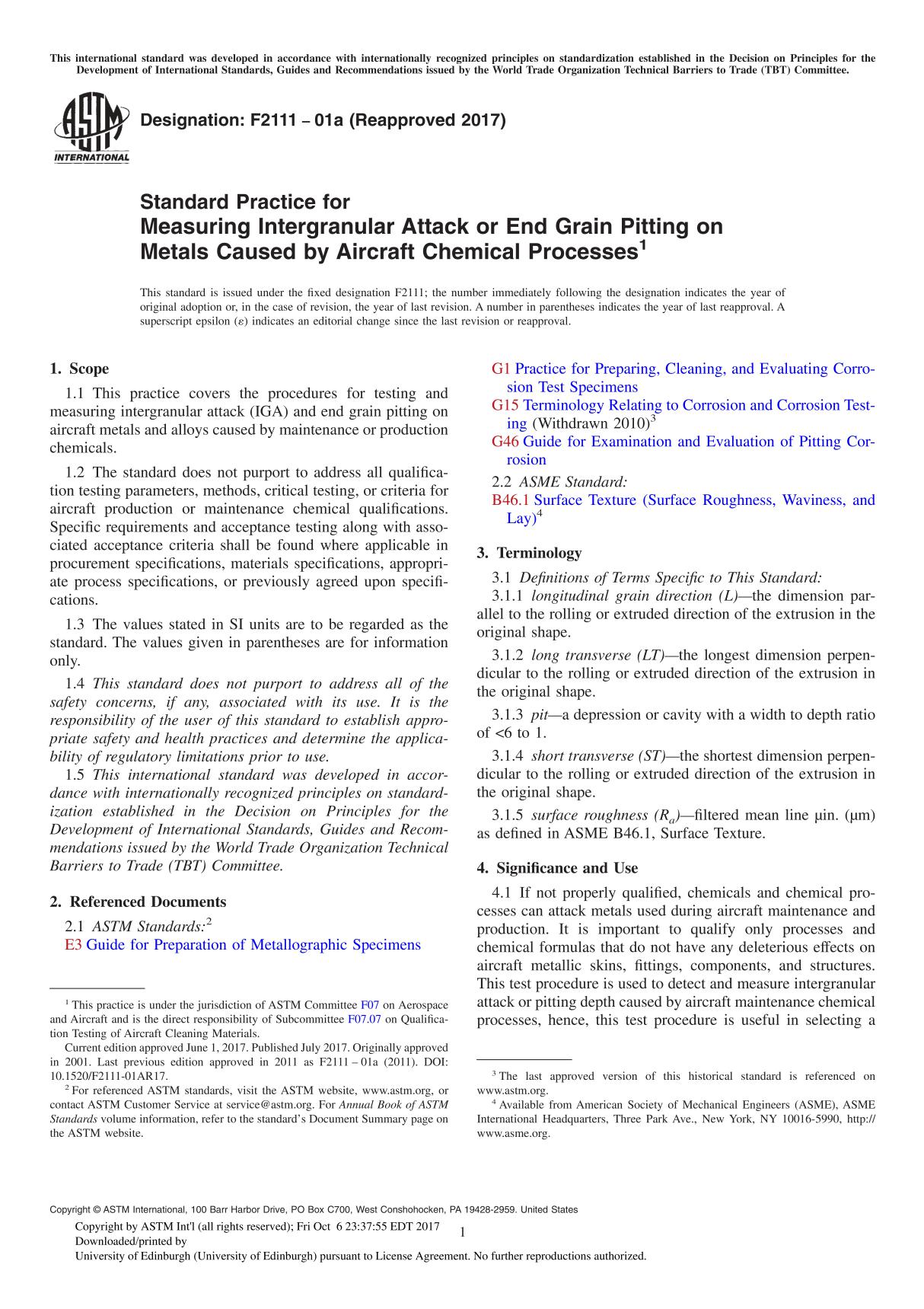 ASTM F2111-01a(2017) Standard Practice for Measuring Intergranular Attack or End Grain Pitting on Metals Caused by Aircraft Chem