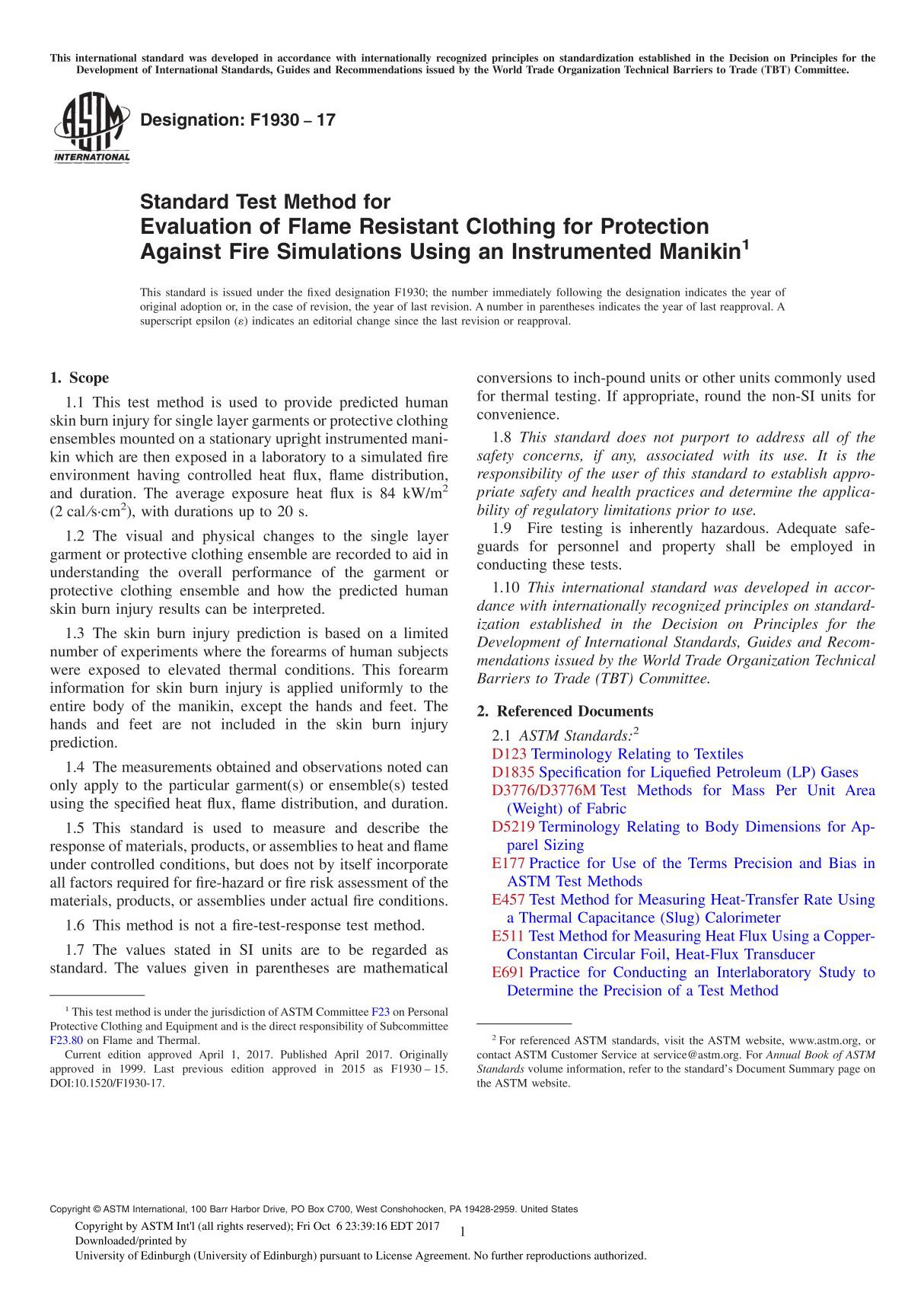 ASTM F1930-17 Standard Test Method for Evaluation of Flame Resistant Clothing for Protection Against Fire Simulations Using an I