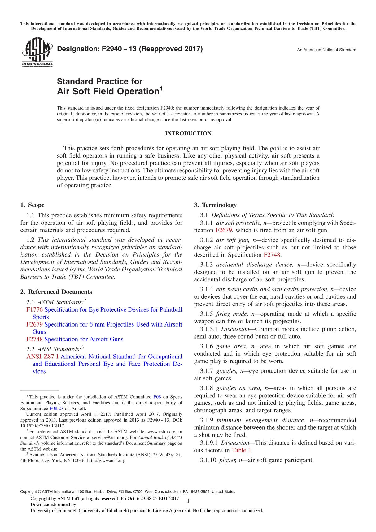 ASTM F2940-13(2017) Standard Practice for Air Soft Field Operation