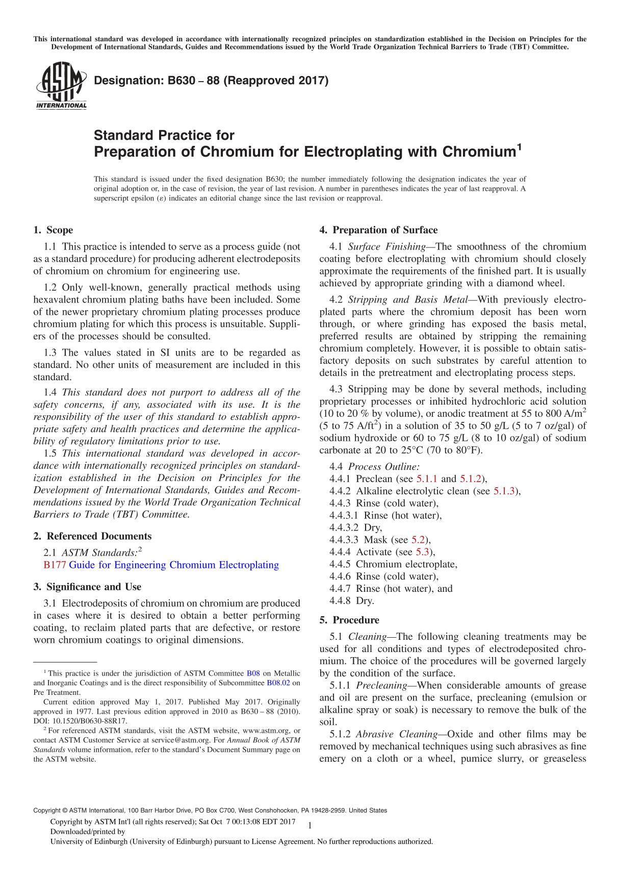 ASTM B630-88(2017) Standard Practice for Preparation of Chromium for Electroplating with Chromium