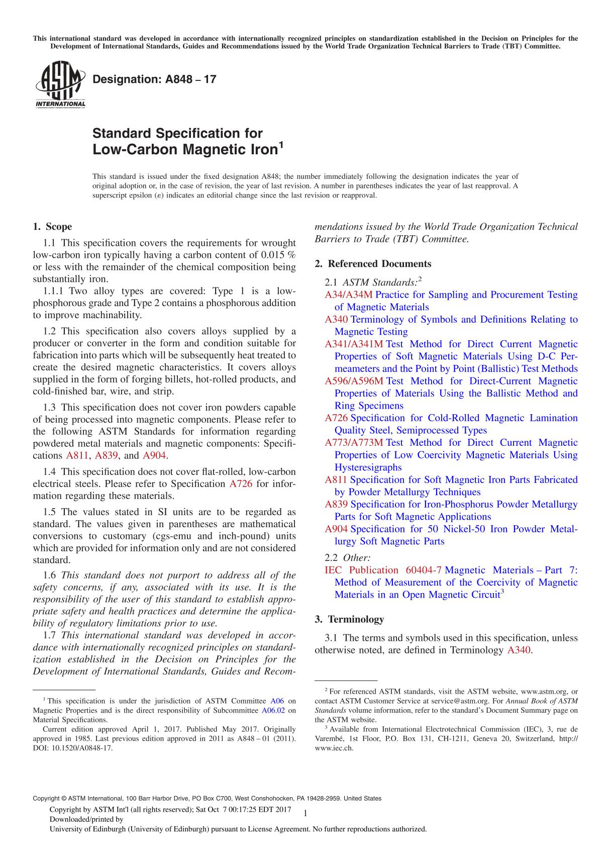 ASTM A848-17 Standard Specification for Low-Carbon Magnetic Iron