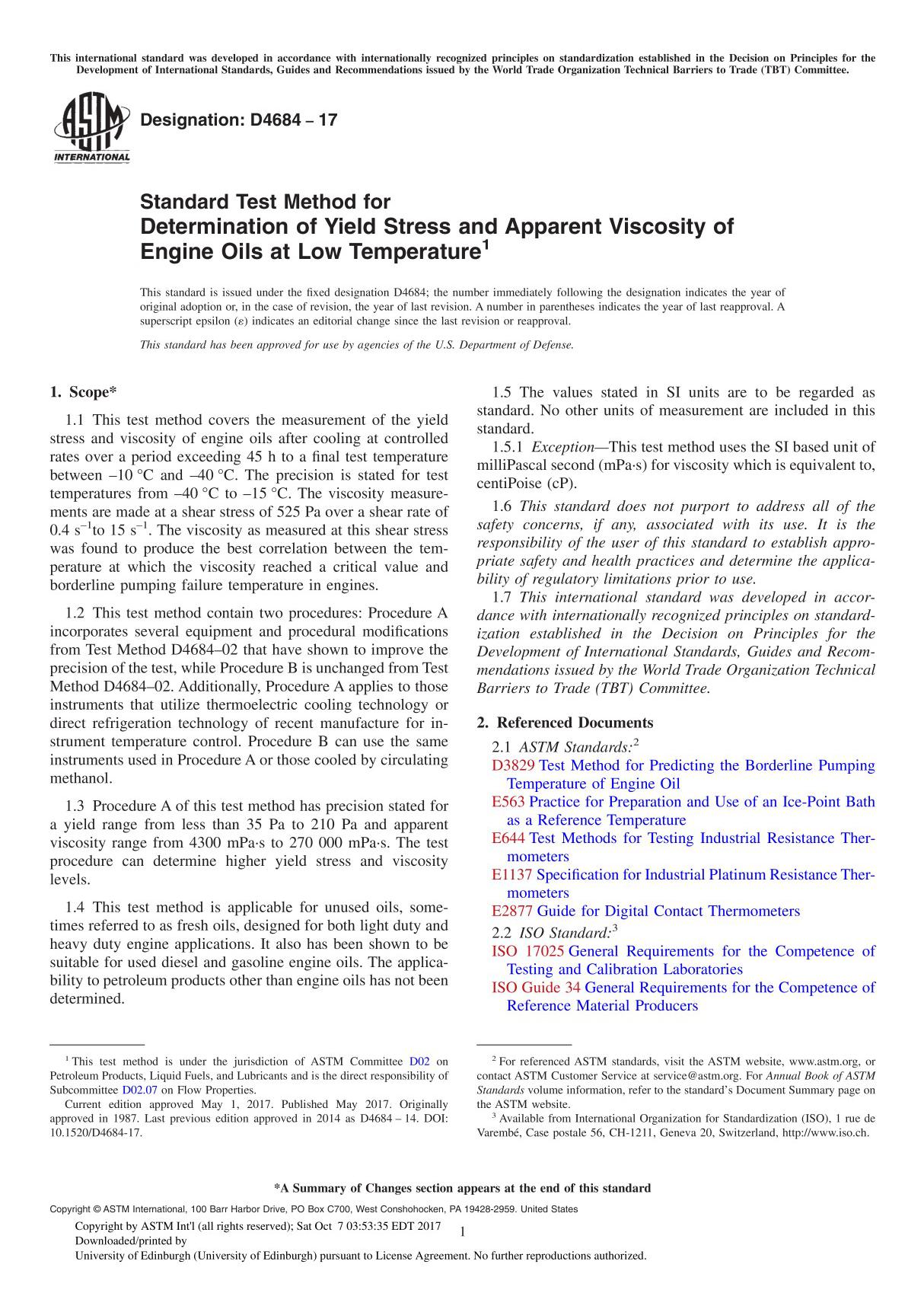 ASTM D4684-17 Standard Test Method for Determination of Yield Stress and Apparent Viscosity of Engine Oils at Low Temperature