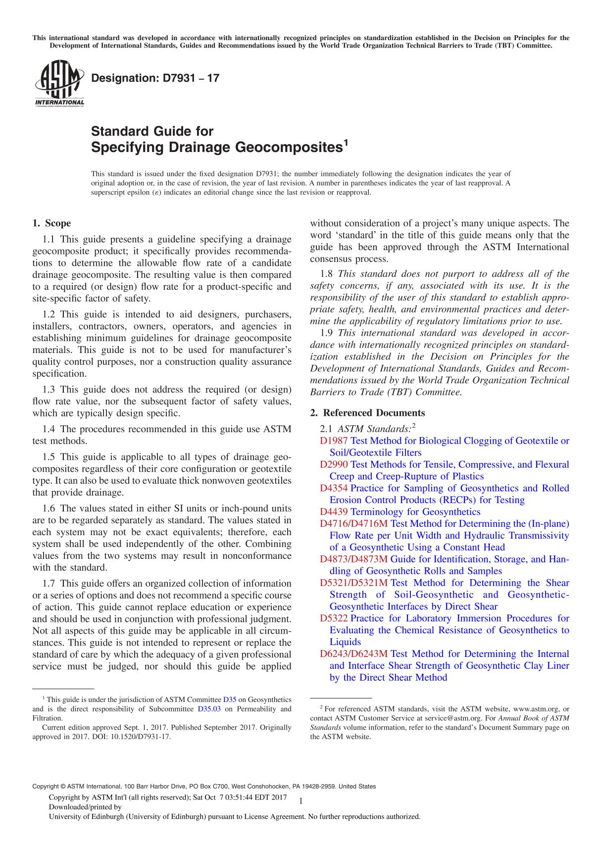 ASTM D7931-17 Standard Guide for Specifying Drainage Geocomposite