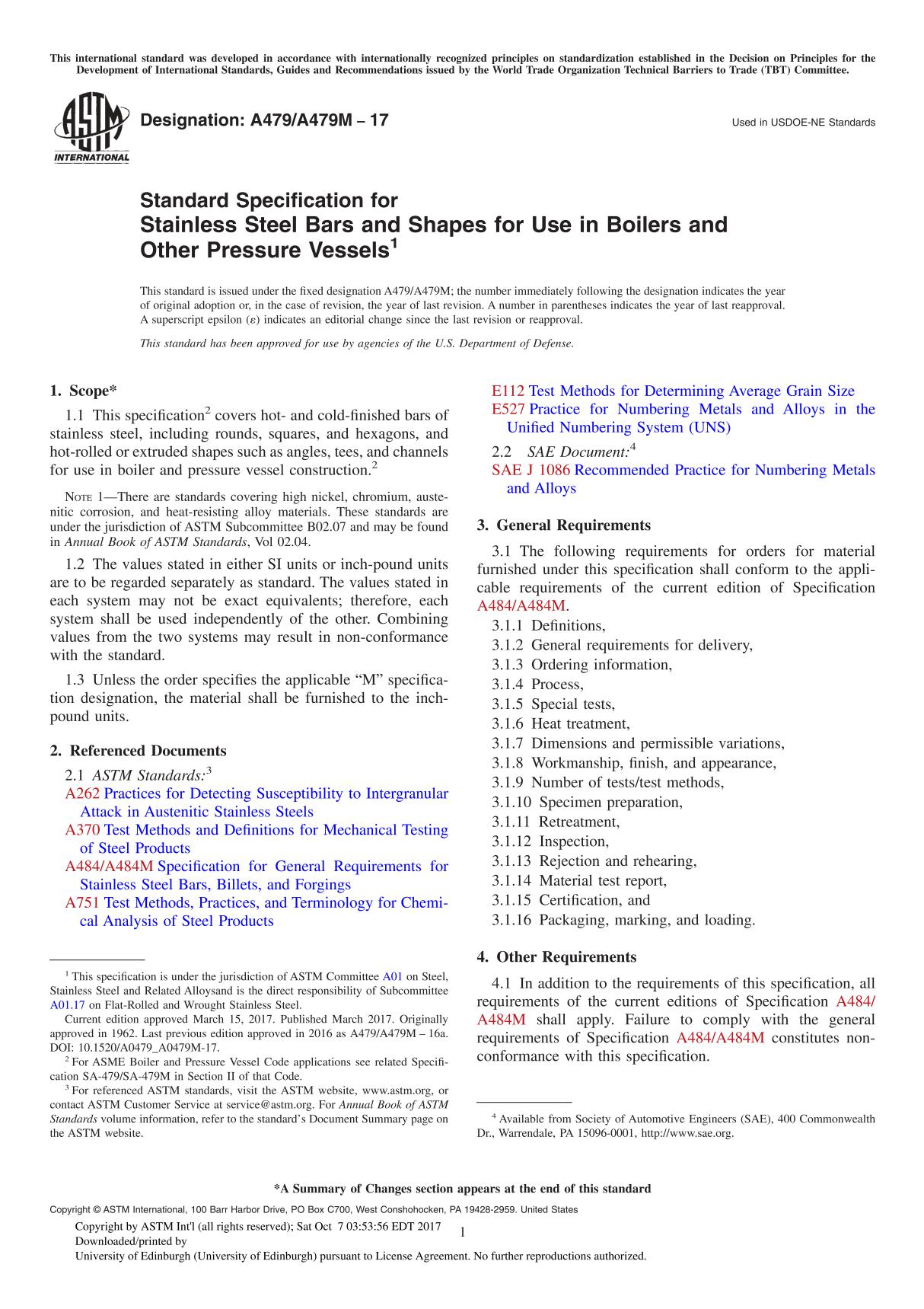 ASTM A479A479M-17 Standard Specification for Stainless Steel Bars and Shapes for Use in Boilers and Other Pressure Vessel