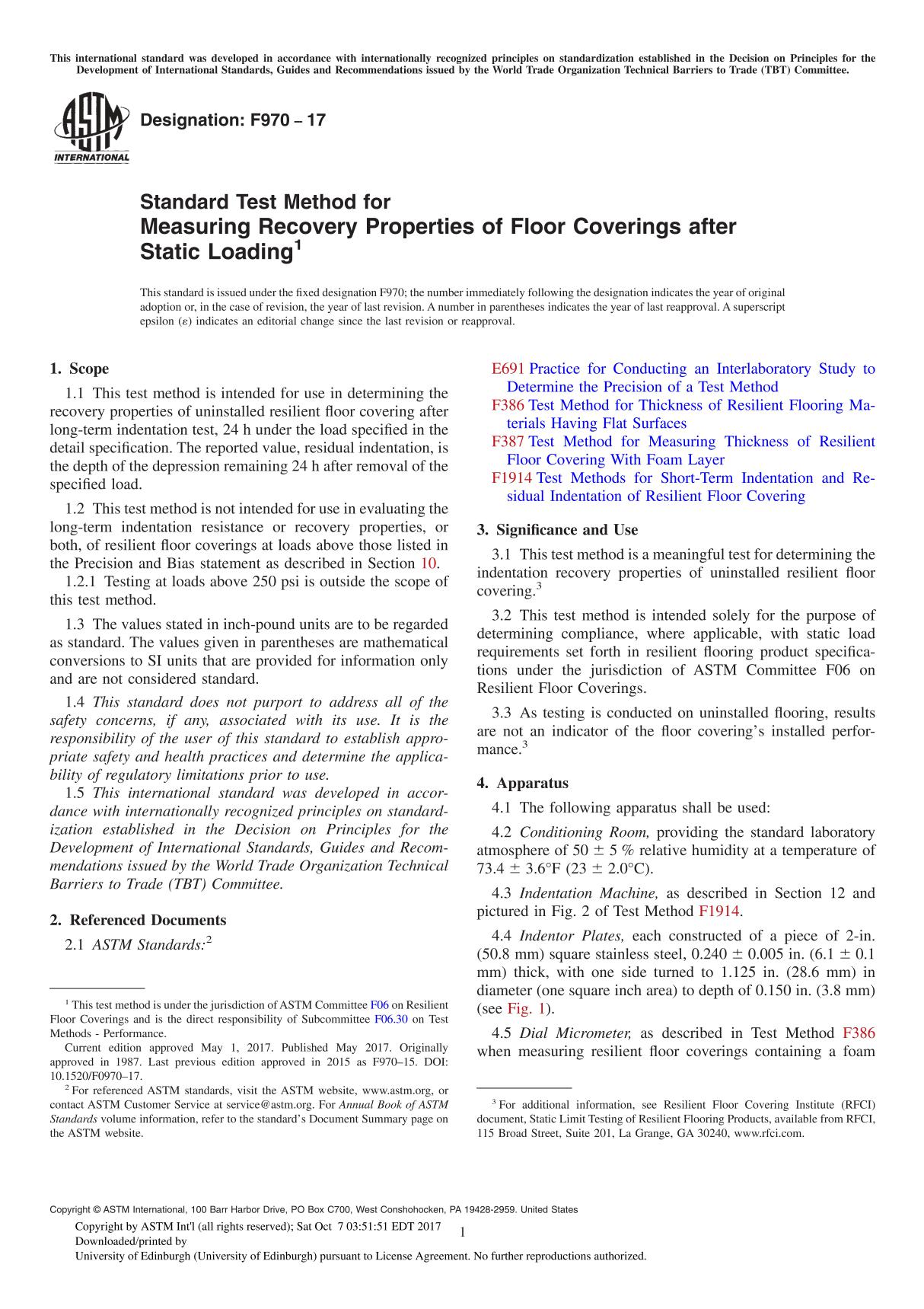 ASTM F970-17 Standard Test Method for Measuring Recovery Properties of Floor Coverings after Static Loading