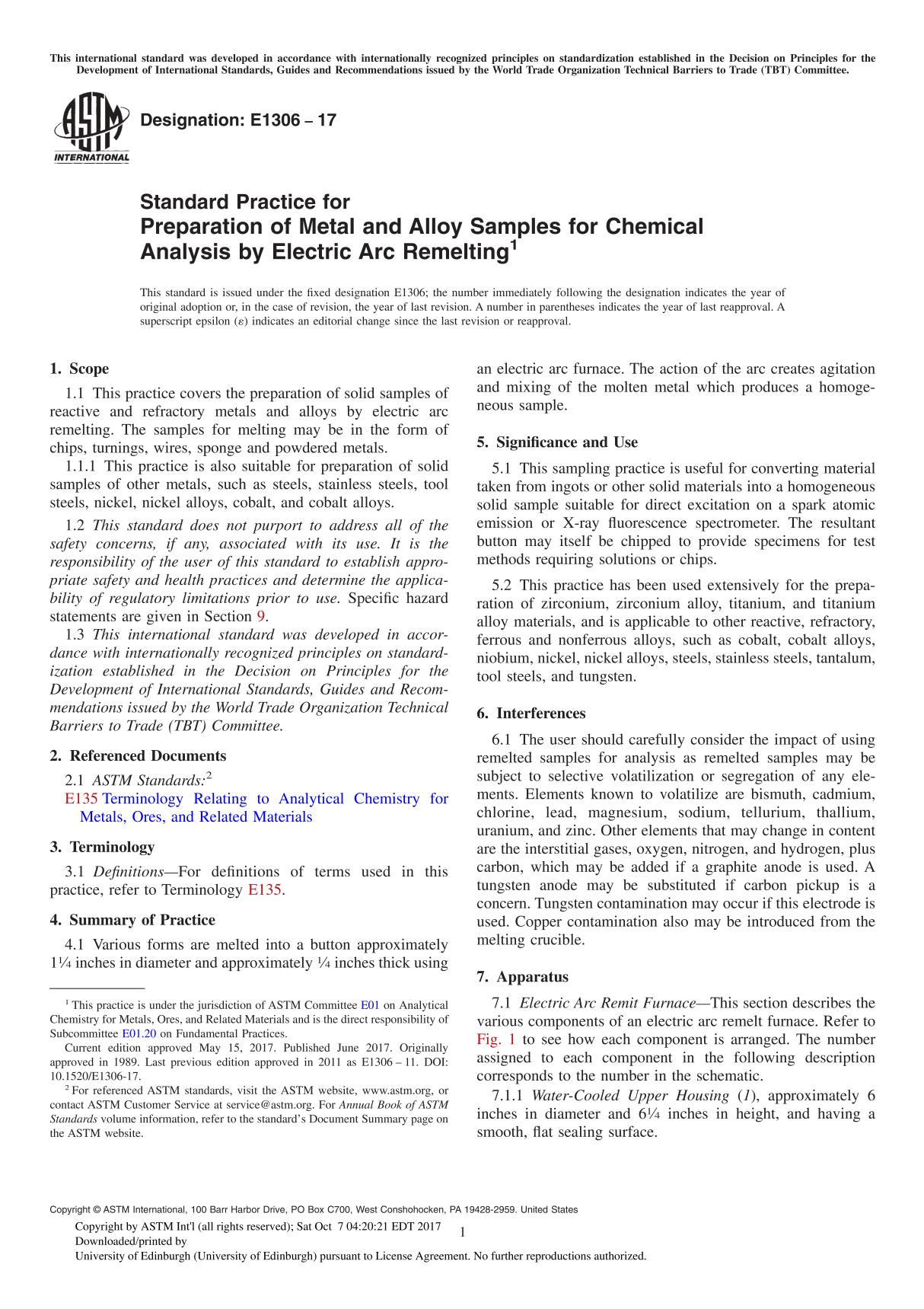 ASTM E1306-17 Standard Practice for Preparation of Metal and Alloy Samples for Chemical Analysis by Electric Arc Remelting