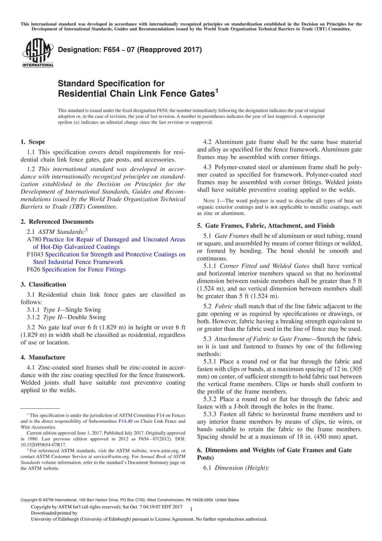 ASTM F654-07(2017) Standard Specification for Residential Chain Link Fence Gate