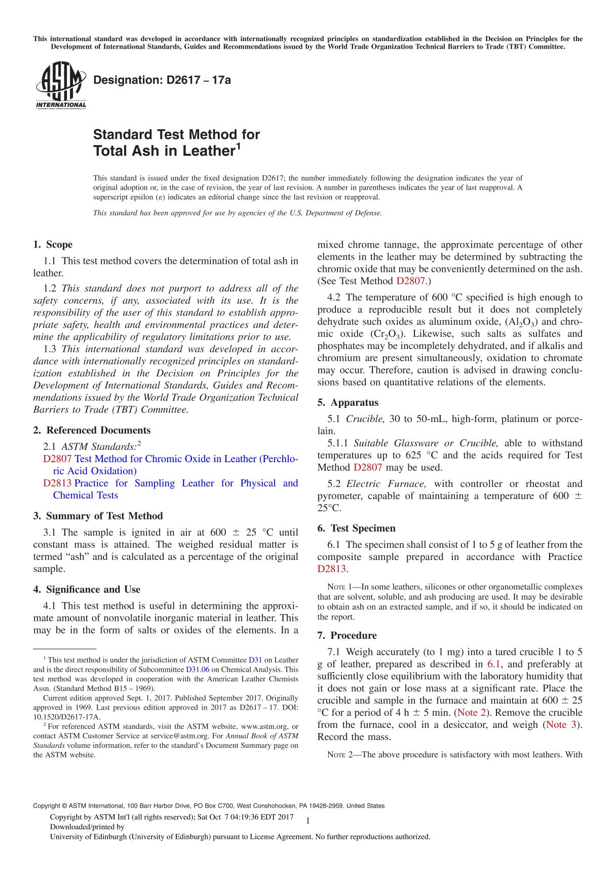 ASTM D2617-17a Standard Test Method for Total Ash in Leather