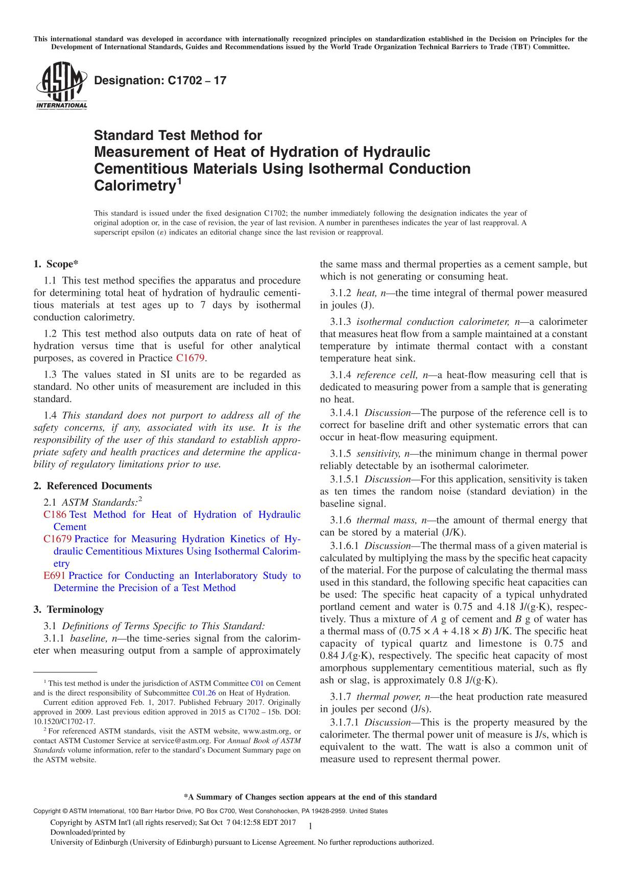 ASTM C1702-17 Standard Test Method for Measurement of Heat of Hydration of Hydraulic Cementitious Materials Using Isothermal Con