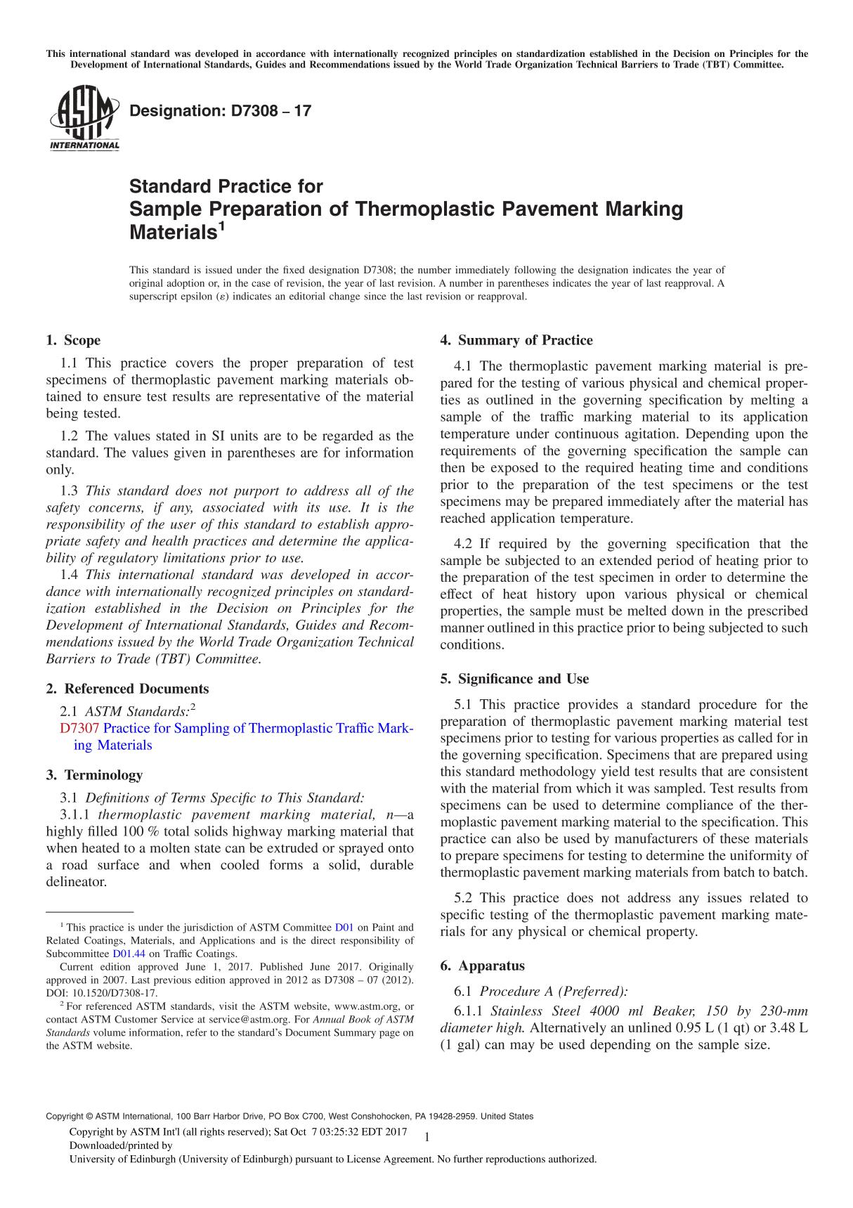 ASTM D7308-17 Standard Practice for Sample Preparation of Thermoplastic Pavement Marking Material