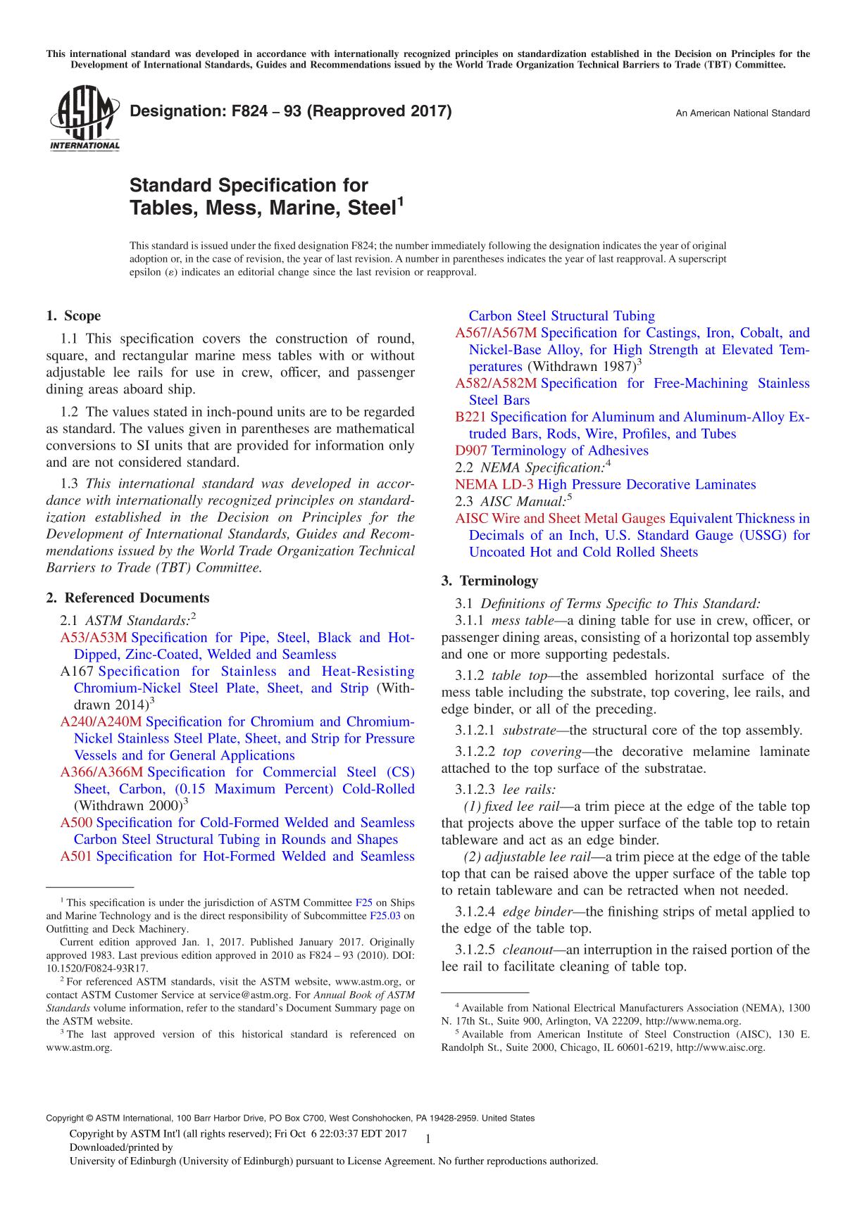 ASTM F824-93(2017) Standard Specification for Tables, Mess, Marine, Steel