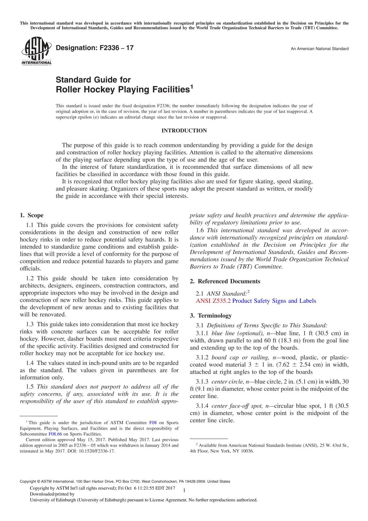 ASTM F2336-17 Standard Guide for Roller Hockey Playing Facilitie