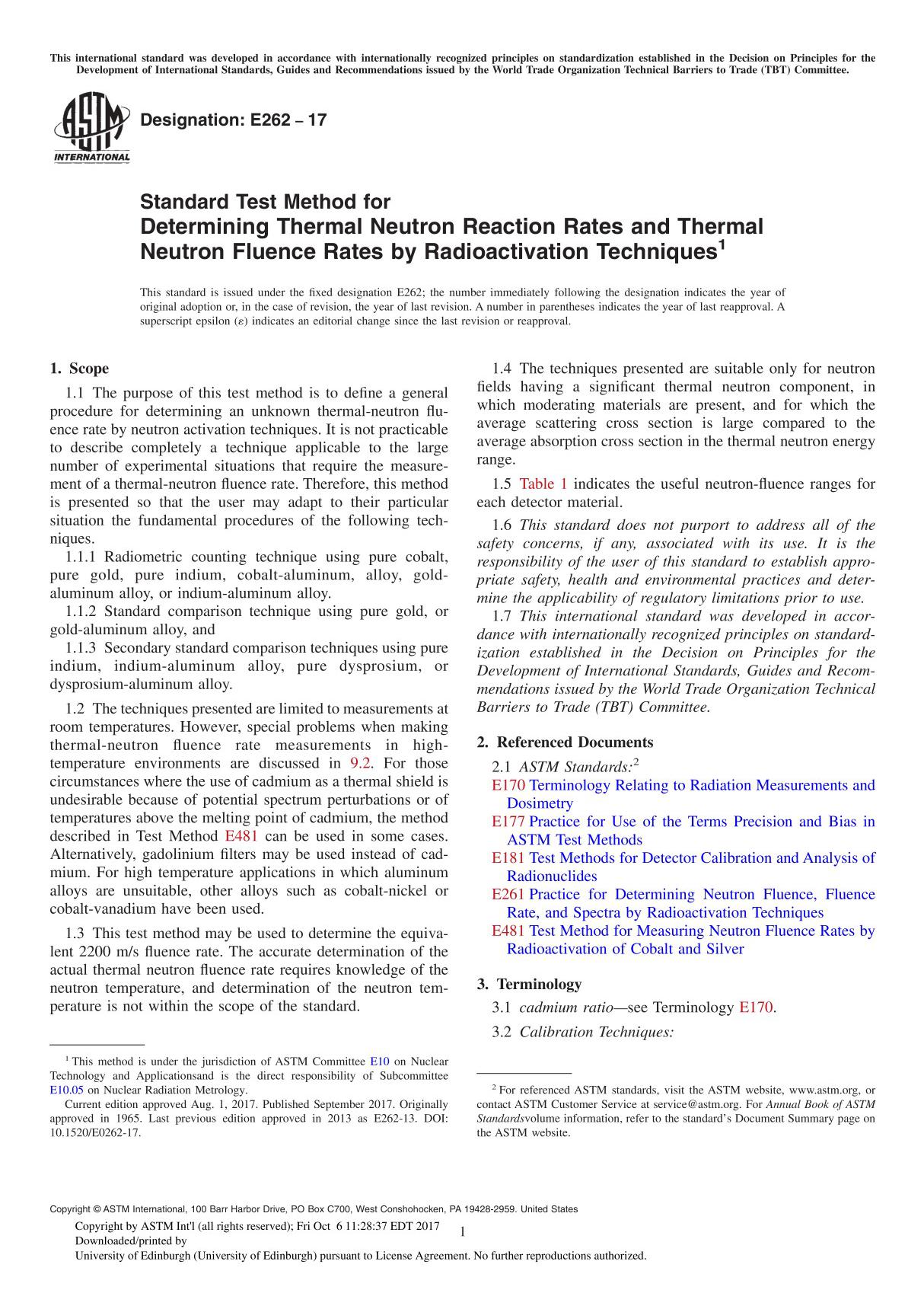 ASTM E262-17 Standard Test Method for Determining Thermal Neutron Reaction Rates and Thermal Neutron Fluence Rates by Radioactiv