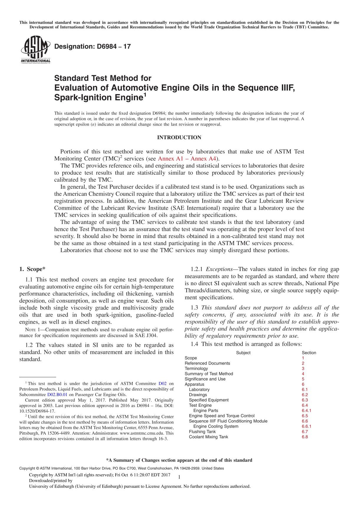 ASTM D6984-17 Standard Test Method for Evaluation of Automotive Engine Oils in the Sequence IIIF, Spark-Ignition Engine