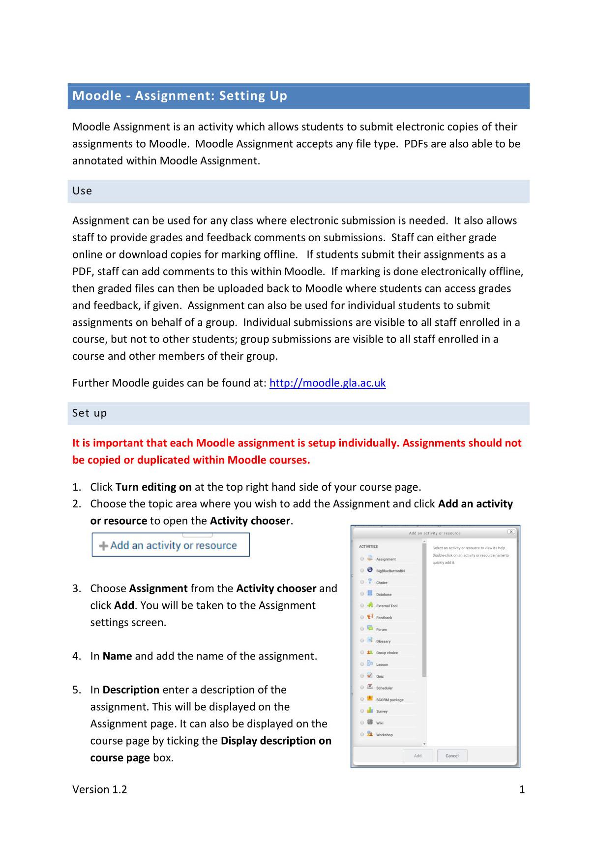 Moodle - Assignment Setting Up - University of Glasgow