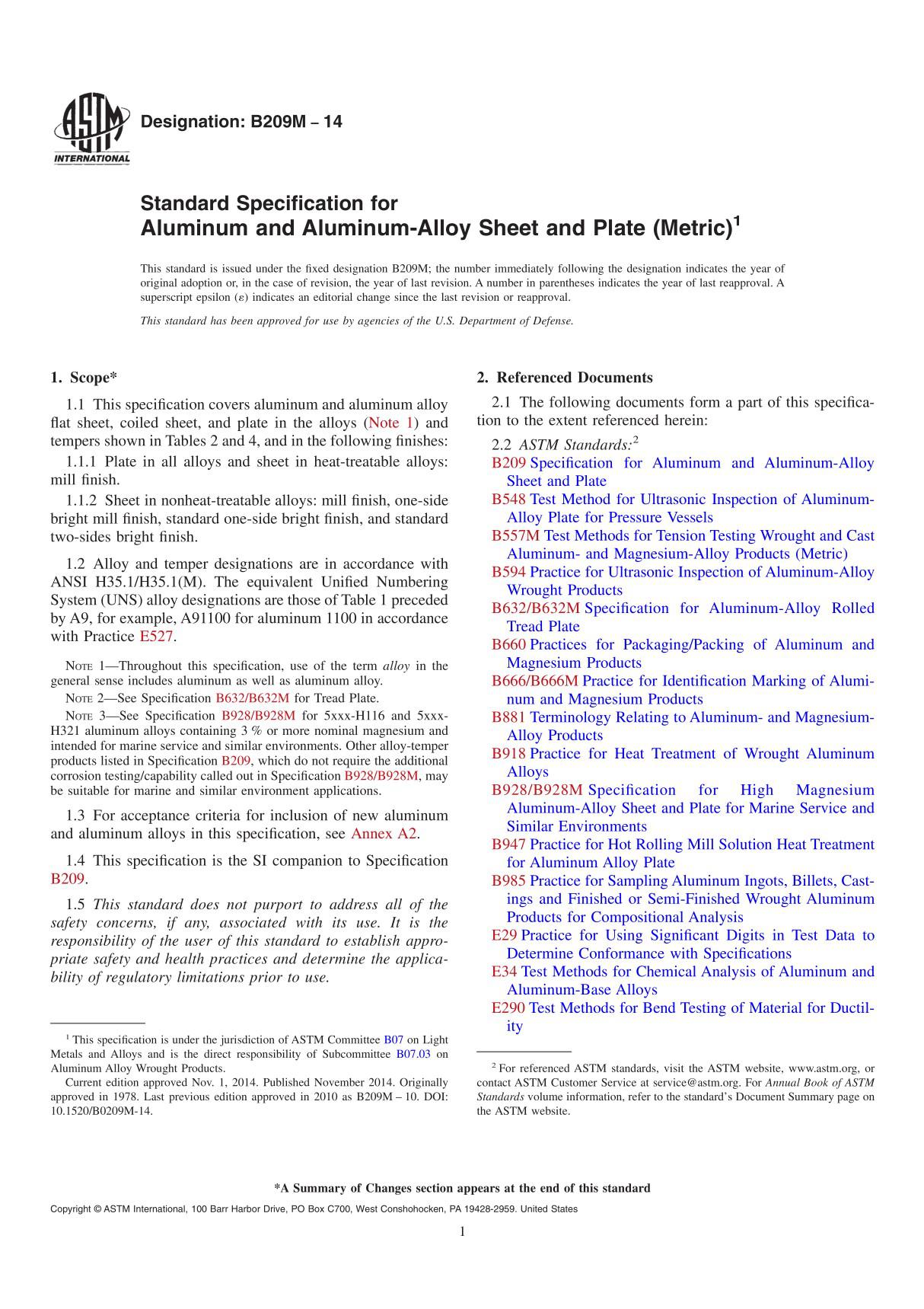 ASTM B209M-14 Standard Specification for Aluminum and Aluminum-Alloy Sheet and Plate (Metric)