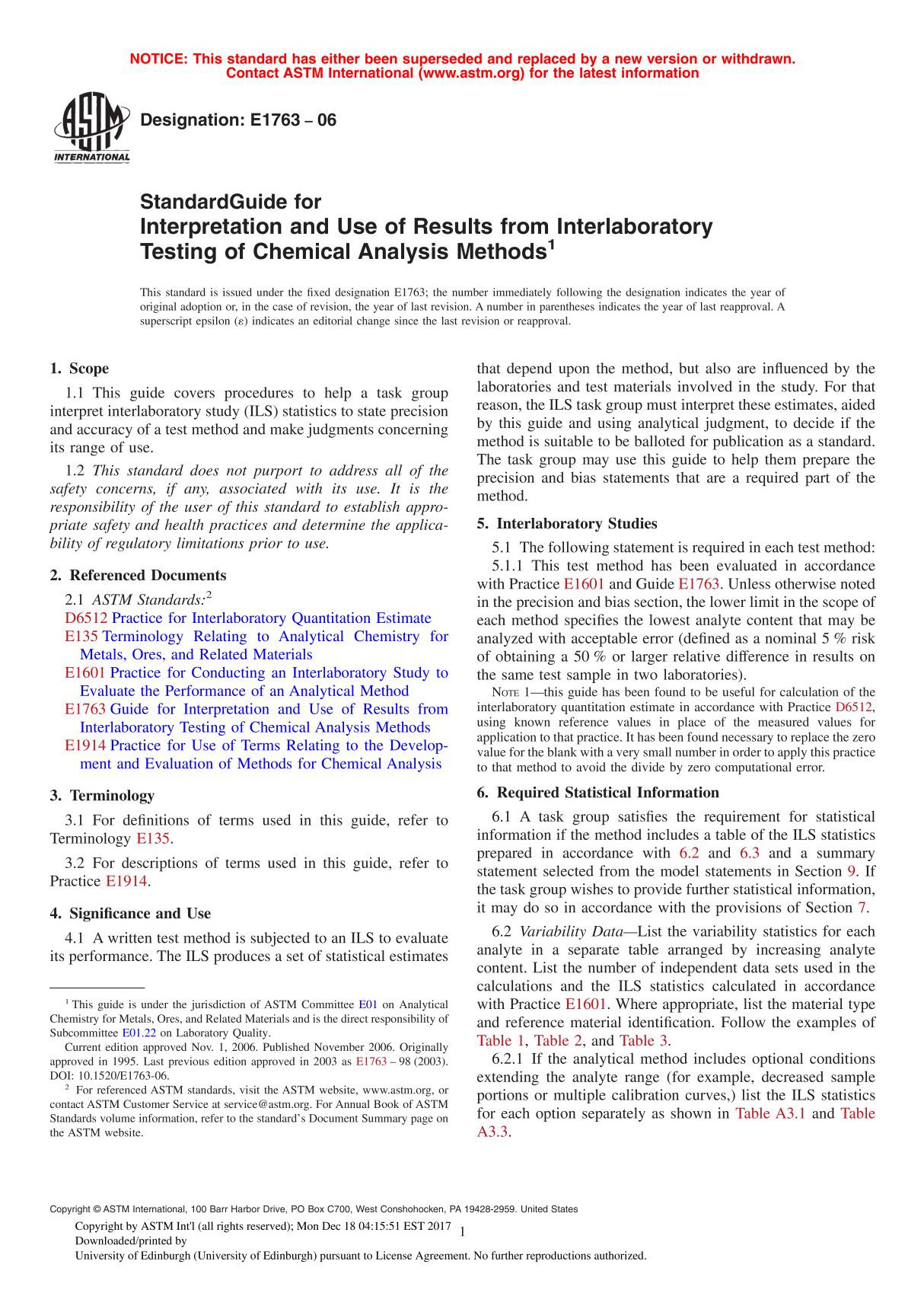 Standard Guide for Interpretation and Use of Results from Interlaboratory Testing of Chemical Analysis Methods(ASTM E1763-06)