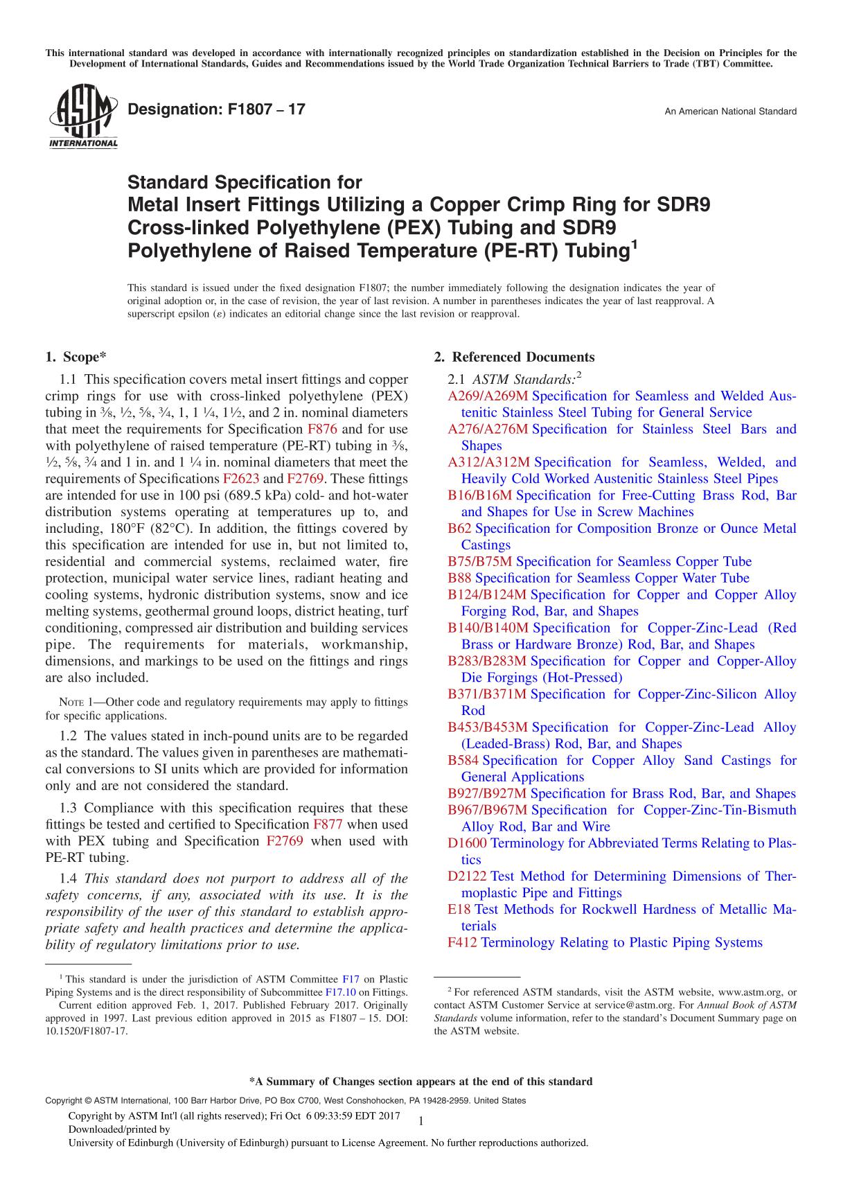 ASTM F1807-17 Standard Specification for Metal Insert Fittings Utilizing a Copper Crimp Ring for SDR9 Cross-linked Polyethylene