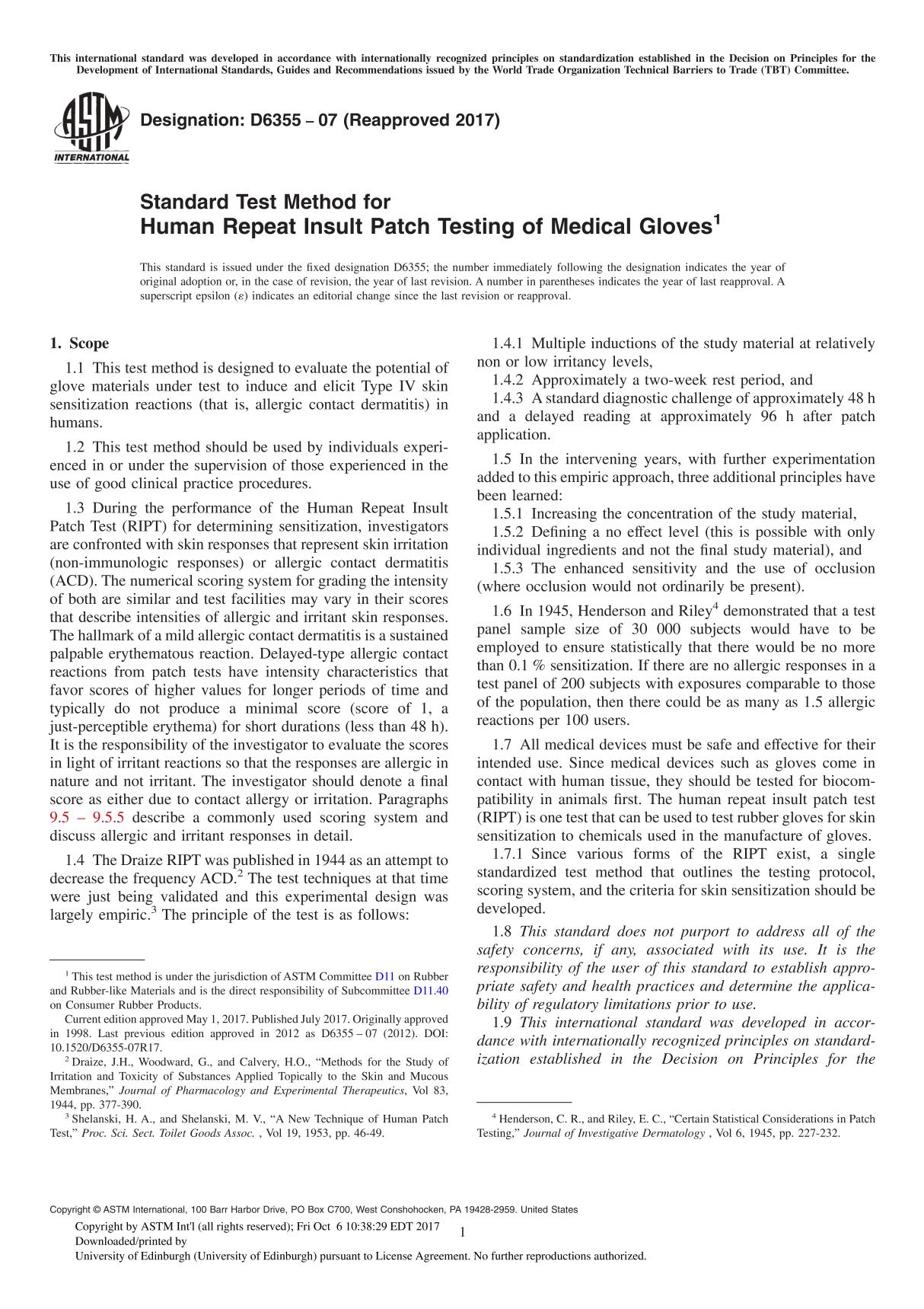 ASTM D6355-07(2017) Standard Test Method for Human Repeat Insult Patch Testing of Medical Glove