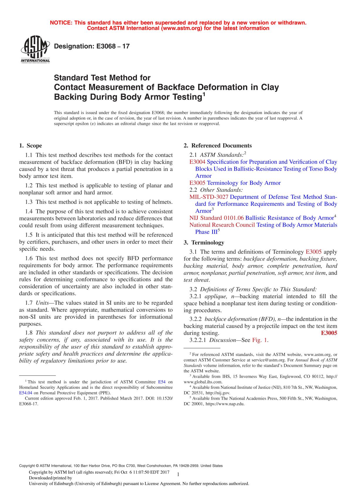 ASTM E3068 - 17 Standard Test Method for Contact Measurement of Backface Deformation in Clay Backing During Body Armor Testing