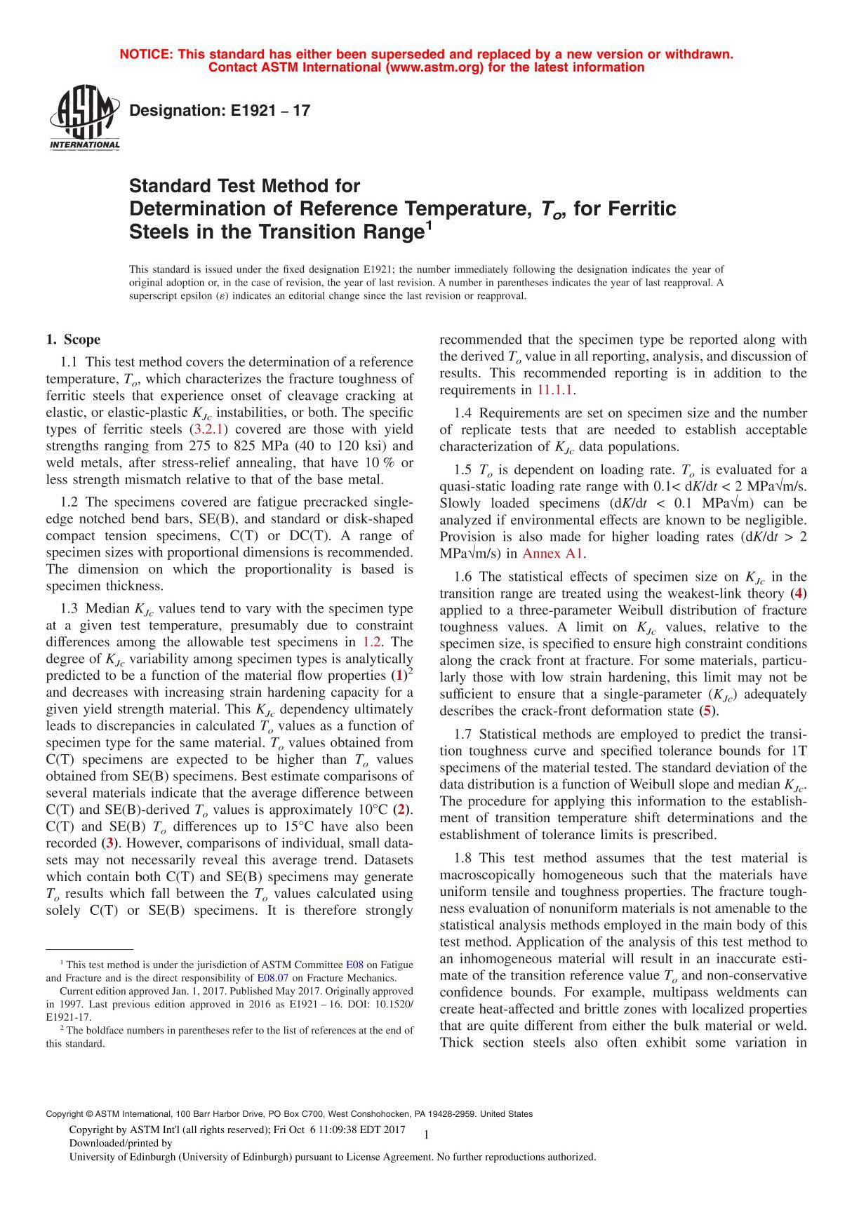 ASTM E1921 - 17 Standard Test Method for Determination of Reference Temperature, To, for Ferritic Steels in the Transition Range