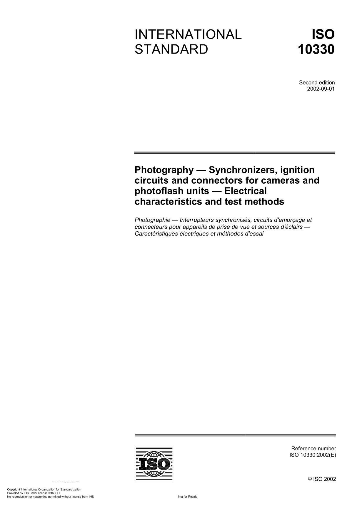 ISO 10330 Photography  Synchronizers, ignition circuits and connectors for cameras and photoflash units  Electrical characte