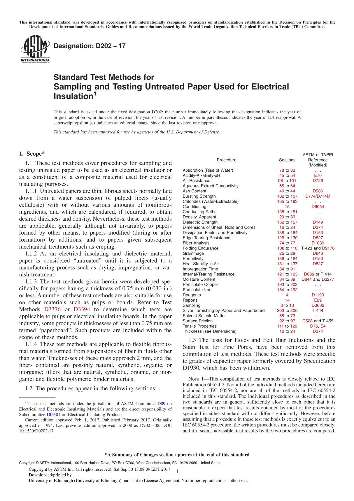 ASTM D202-17 Standard Test Methods for Sampling and Testing Untreated Paper Used for Electrical Insulation