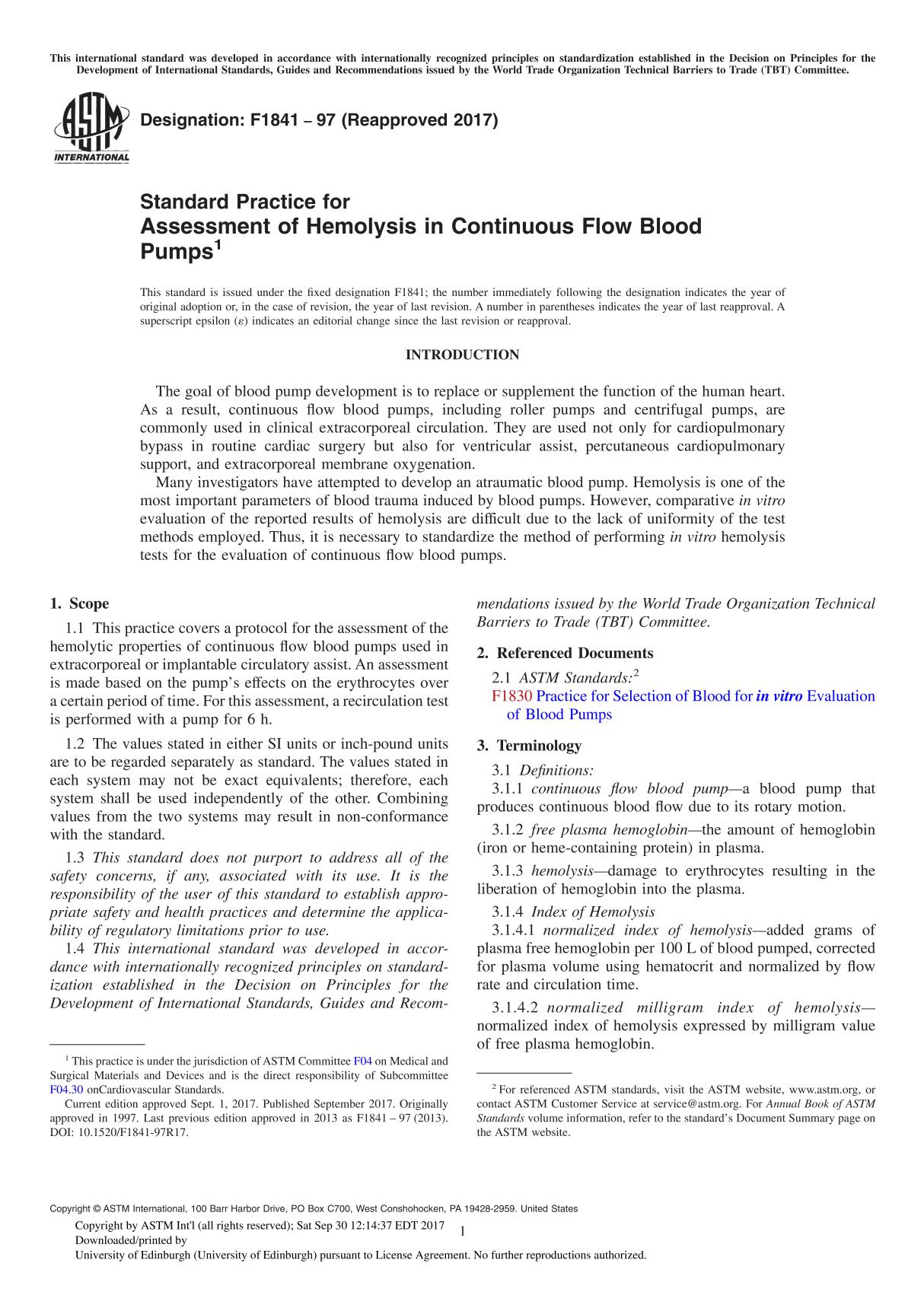 ASTM F1841-97(2017) Standard Practice for Assessment of Hemolysis in Continuous Flow Blood Pump