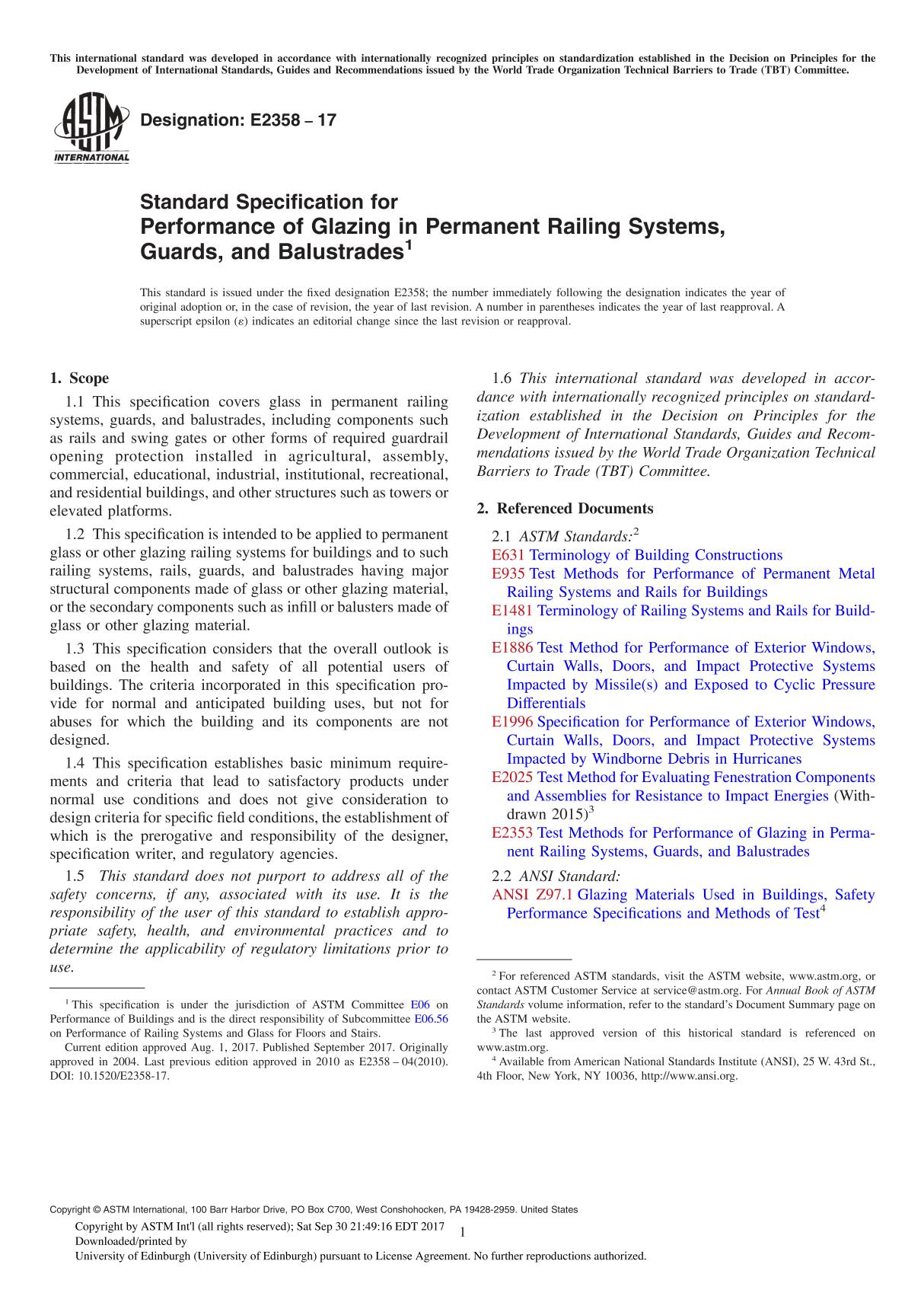 ASTM E2358-17 Standard Specification for Performance of Glazing in Permanent Railing Systems, Guards, and Balustrade