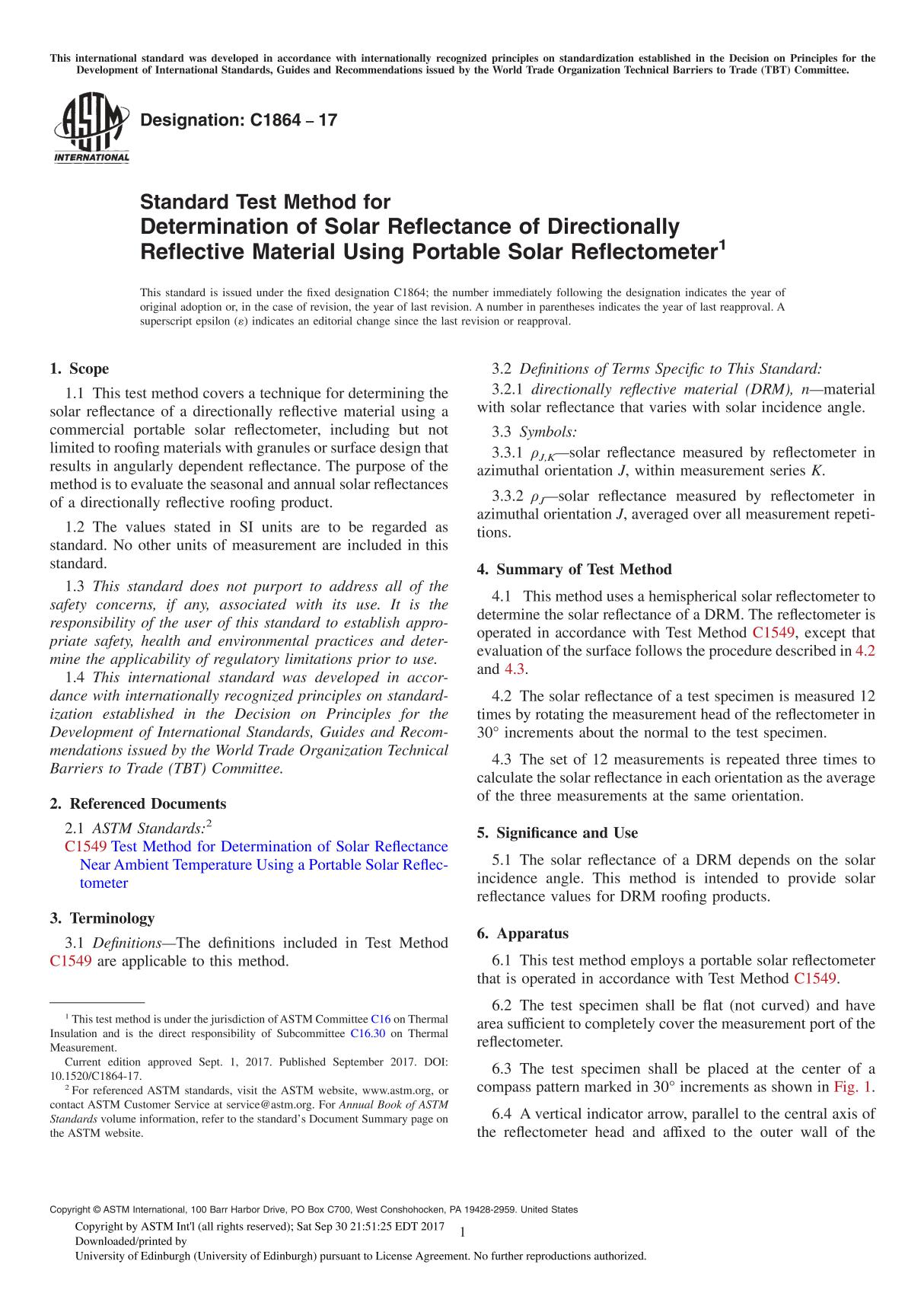 ASTM C1864-17 Standard Test Method for Determination of Solar Reflectance of Directionally Reflective Material Using Portable So