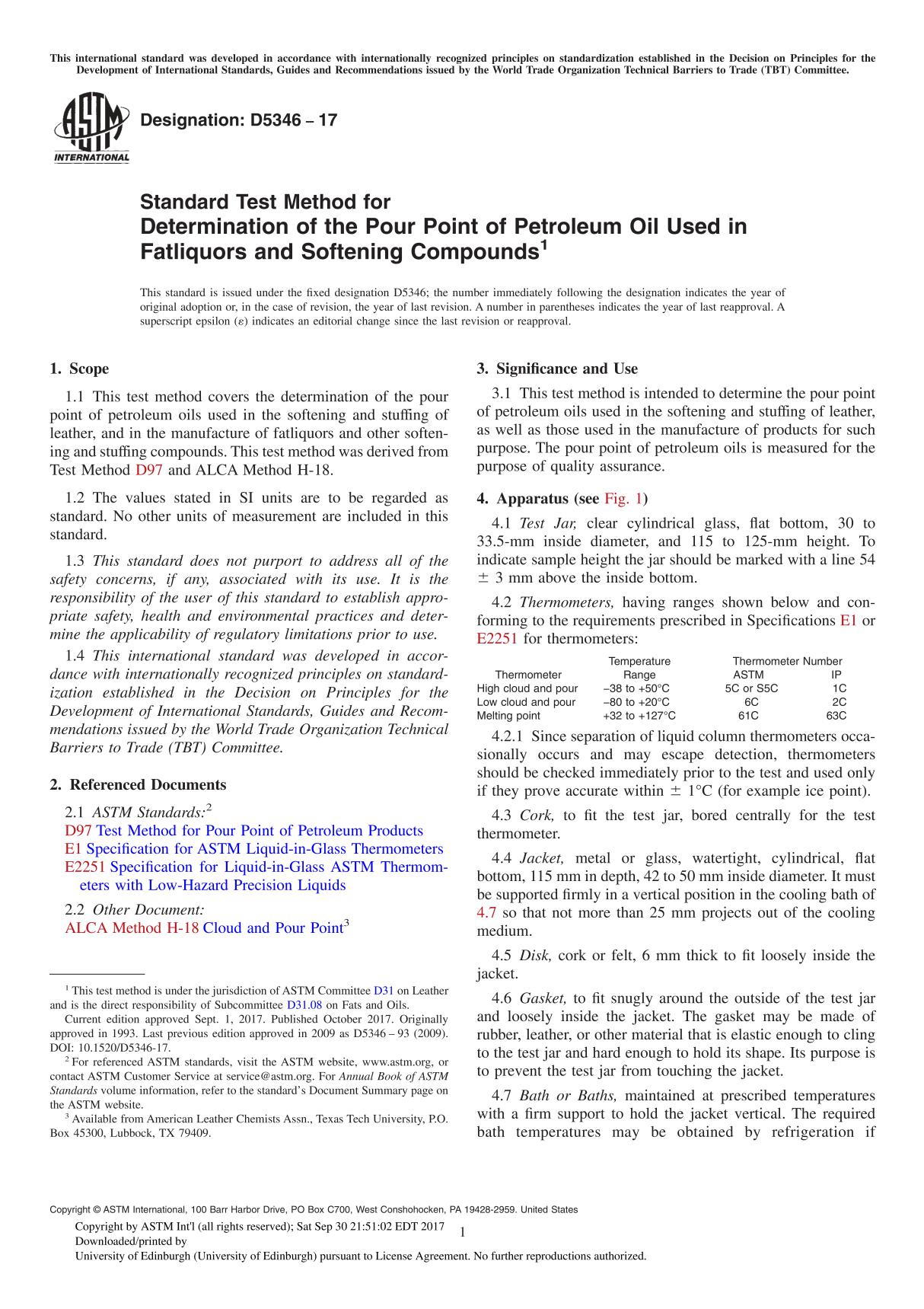 ASTM D5346-17 Standard Test Method for Determination of the Pour Point of Petroleum Oil Used in Fatliquors and Softening Compoun