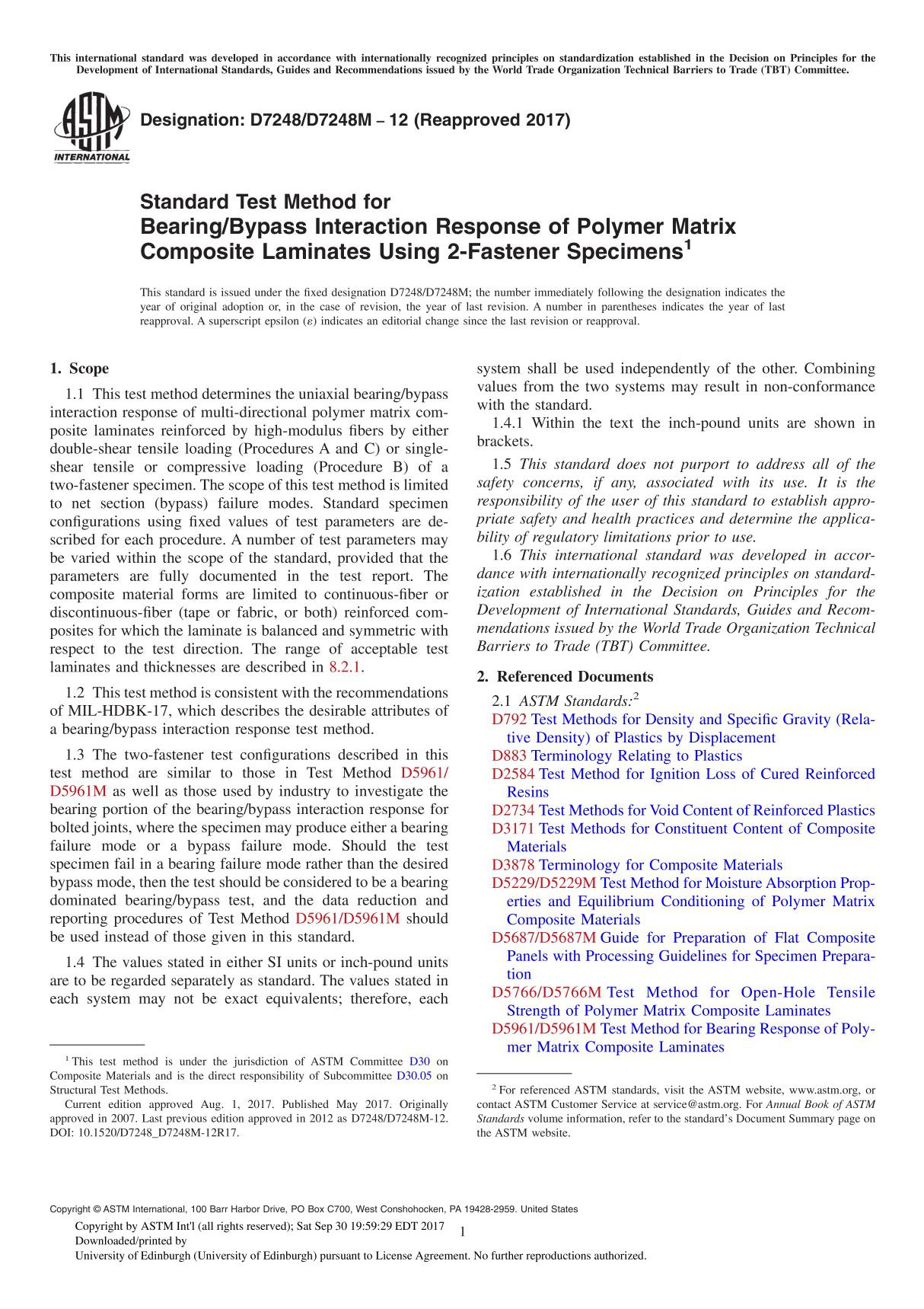 ASTM D7248 D7248M-12(2017) Standard Test Method for BearingBypass Interaction Response of Polymer Matrix Composite Laminates Usi