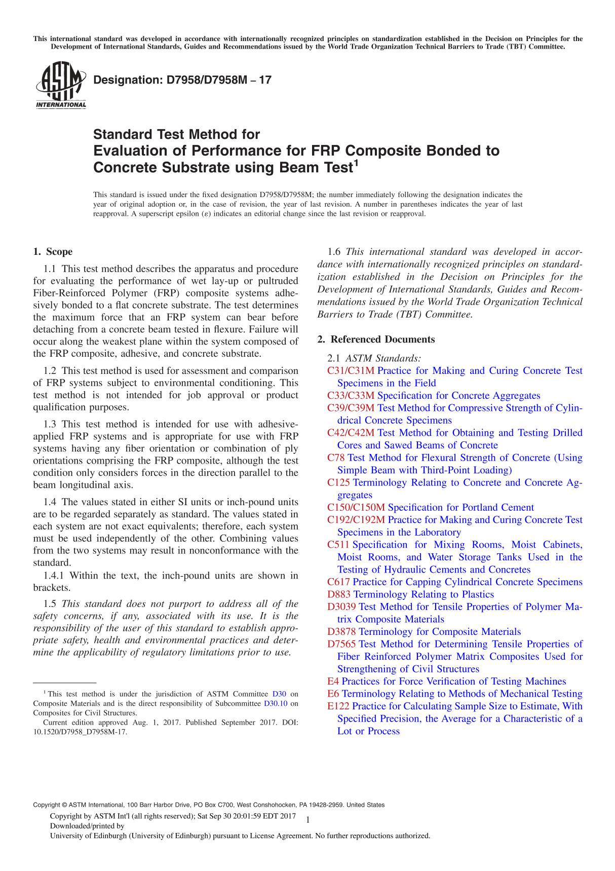 ASTM D7958 D7958M-17 Standard Test Method for Evaluation of Performance for FRP Composite Bonded to Concrete Substrate using Bea