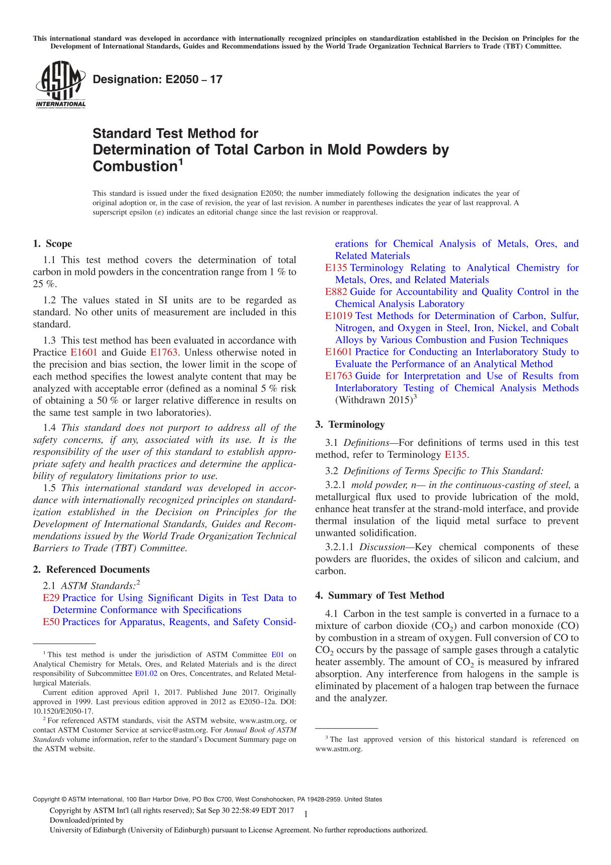 ASTM E2050-17 Standard Test Method for Determination of Total Carbon in Mold Powders by Combustion