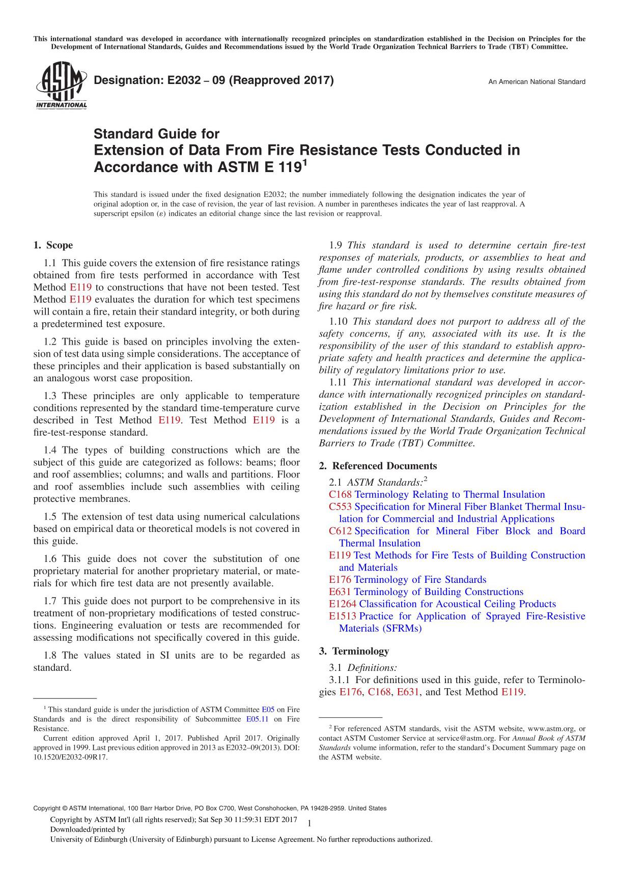 ASTM E2032-09(2017) Standard Guide for Extension of Data From Fire Resistance Tests Conducted in Accordance with ASTM E119