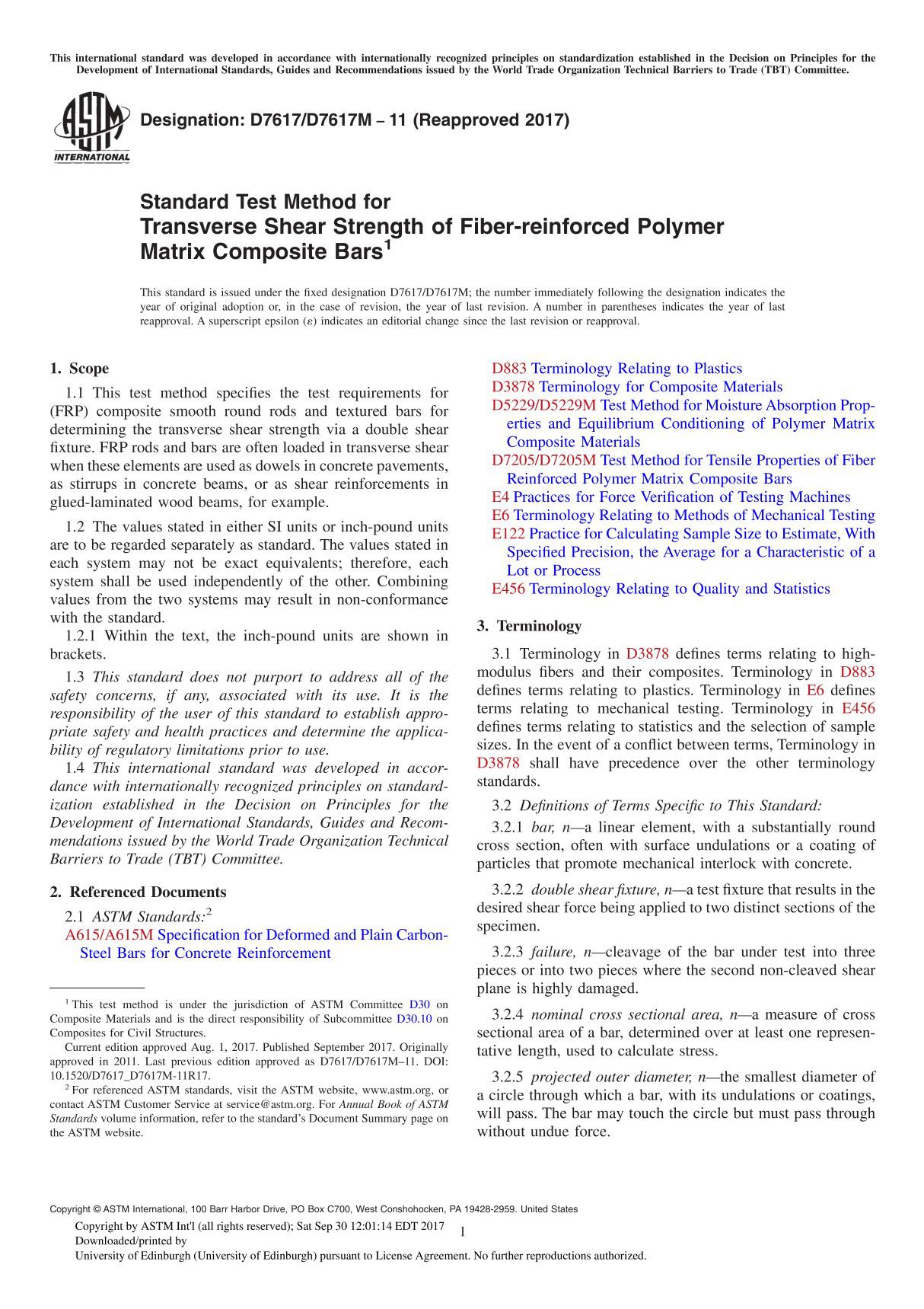 ASTM D7617D7617M-11(2017) Standard Test Method for Transverse Shear Strength of Fiber-reinforced Polymer Matrix Composite Bar