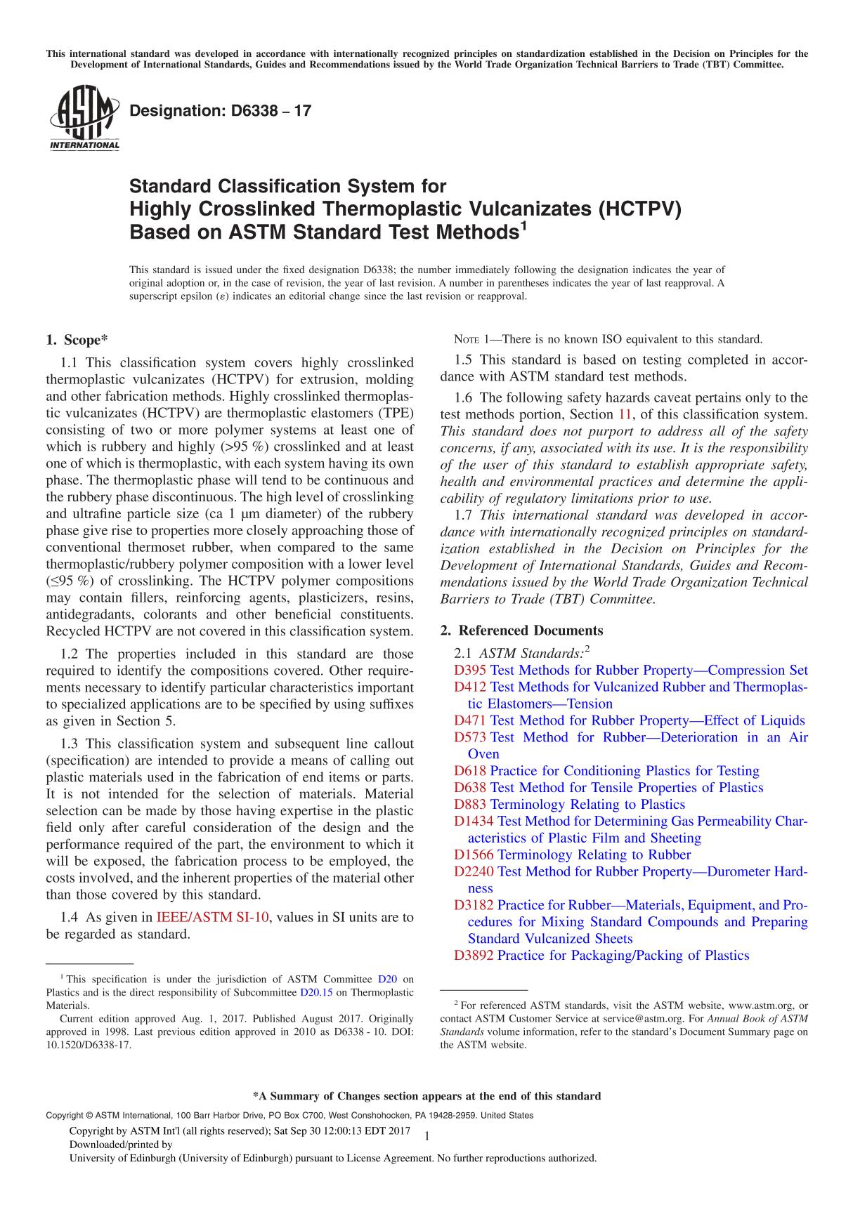 ASTM D6338-17 Standard Classification System for Highly Crosslinked Thermoplastic Vulcanizates (HCTPV) Based on ASTM Standard Te