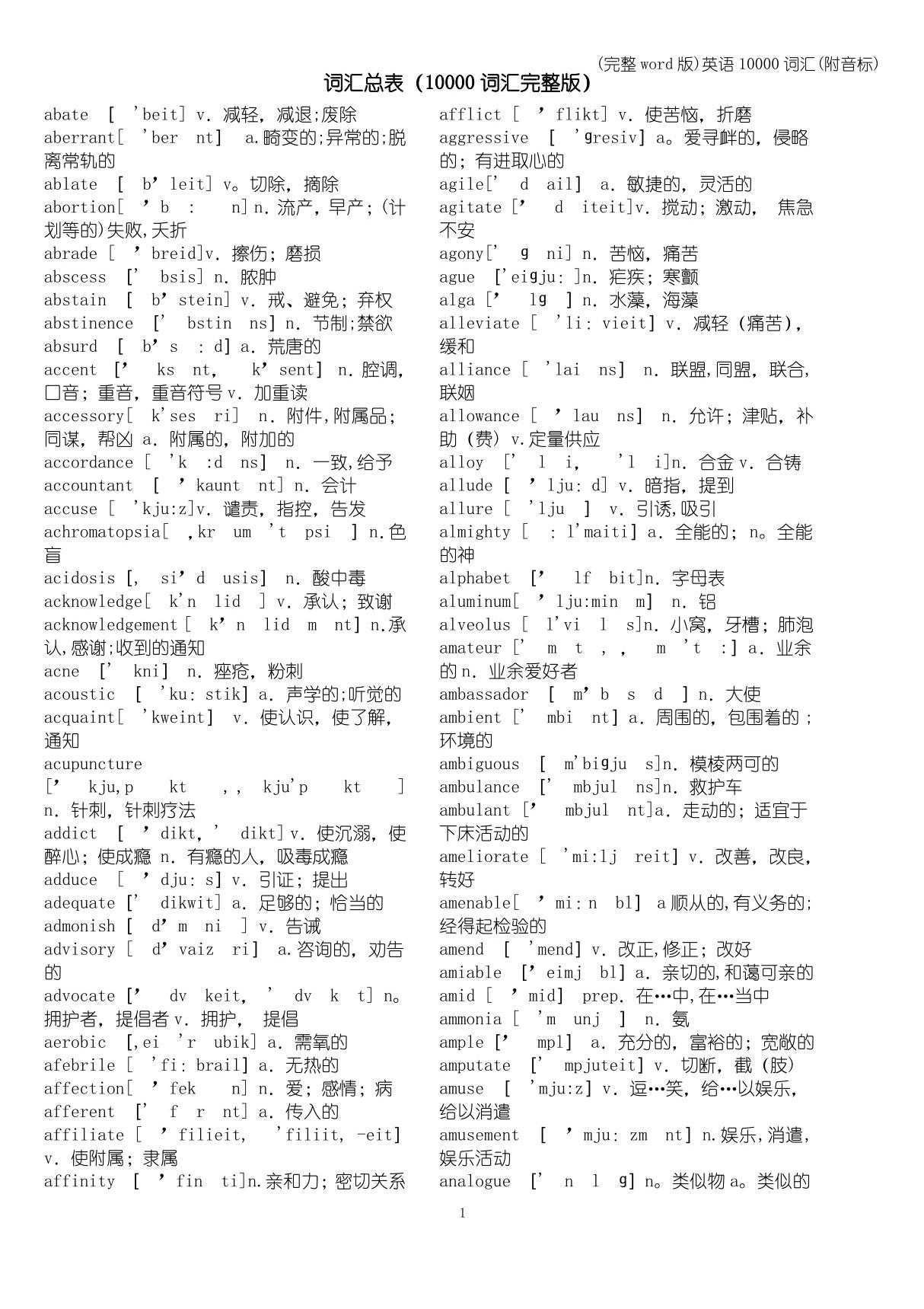 (完整word版)英语10000词汇(附音标)