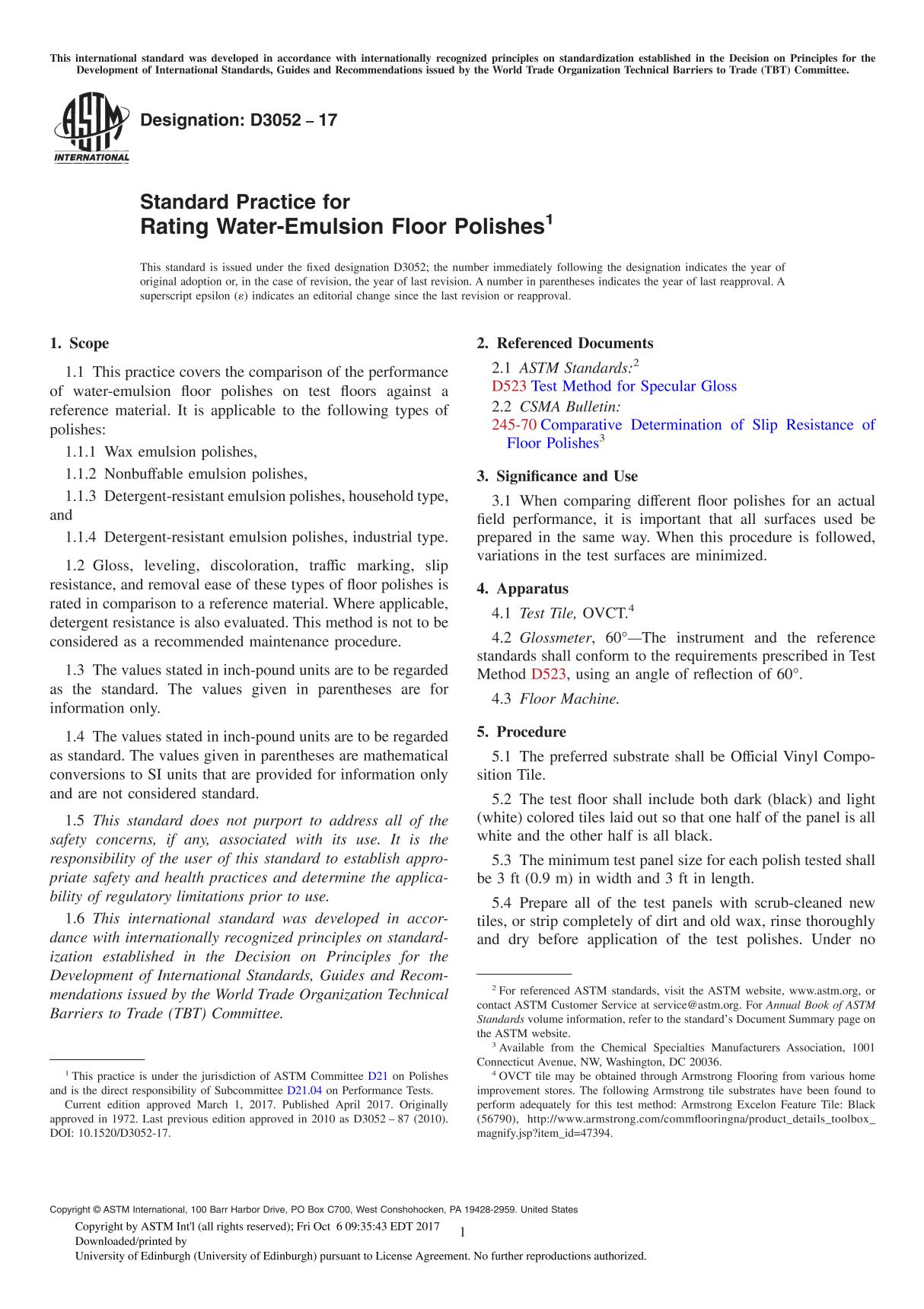 ASTM D3052-17 Standard Practice for Rating Water-Emulsion Floor Polishe