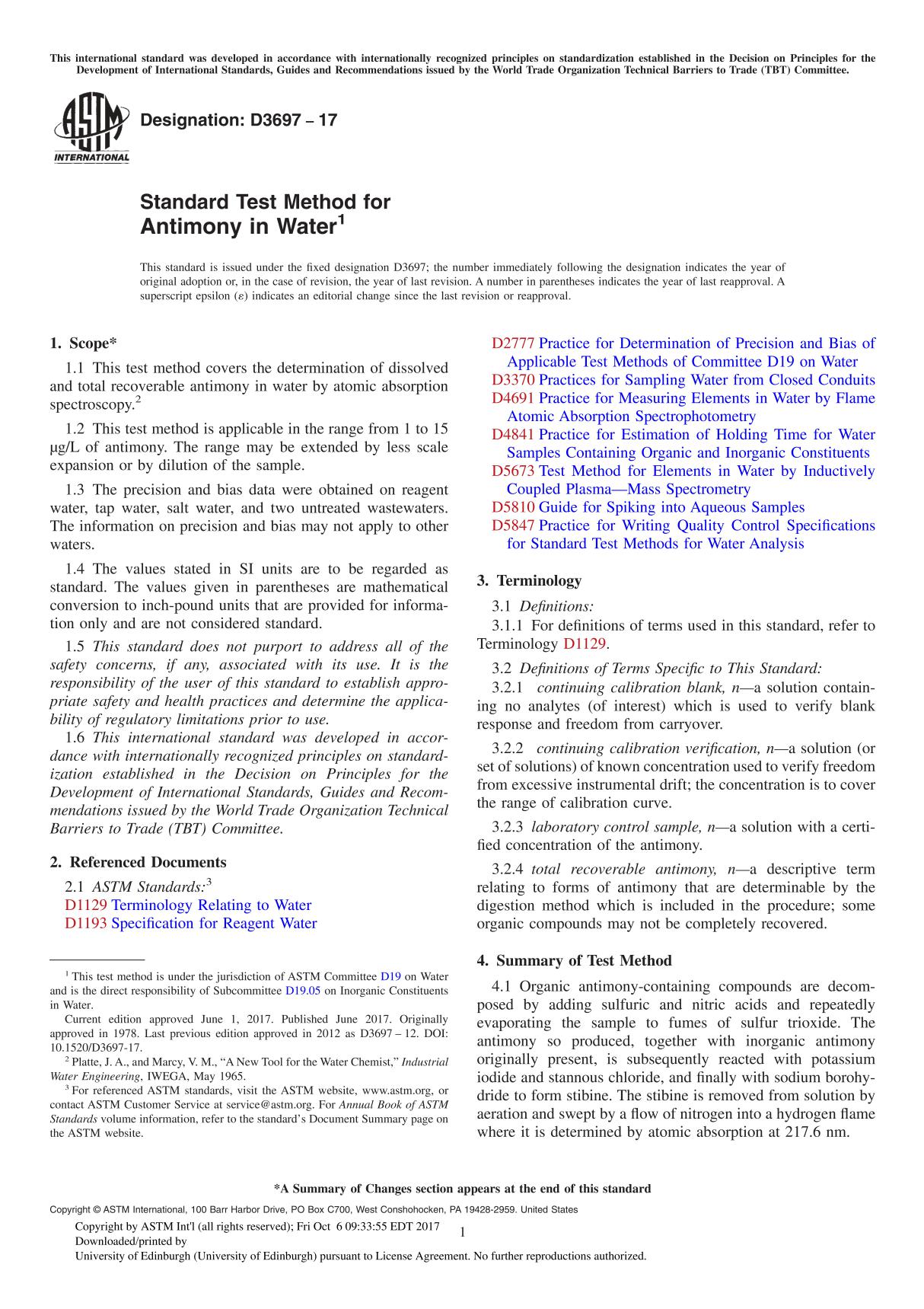 ASTM D3697-17 Standard Test Method for Antimony in Water