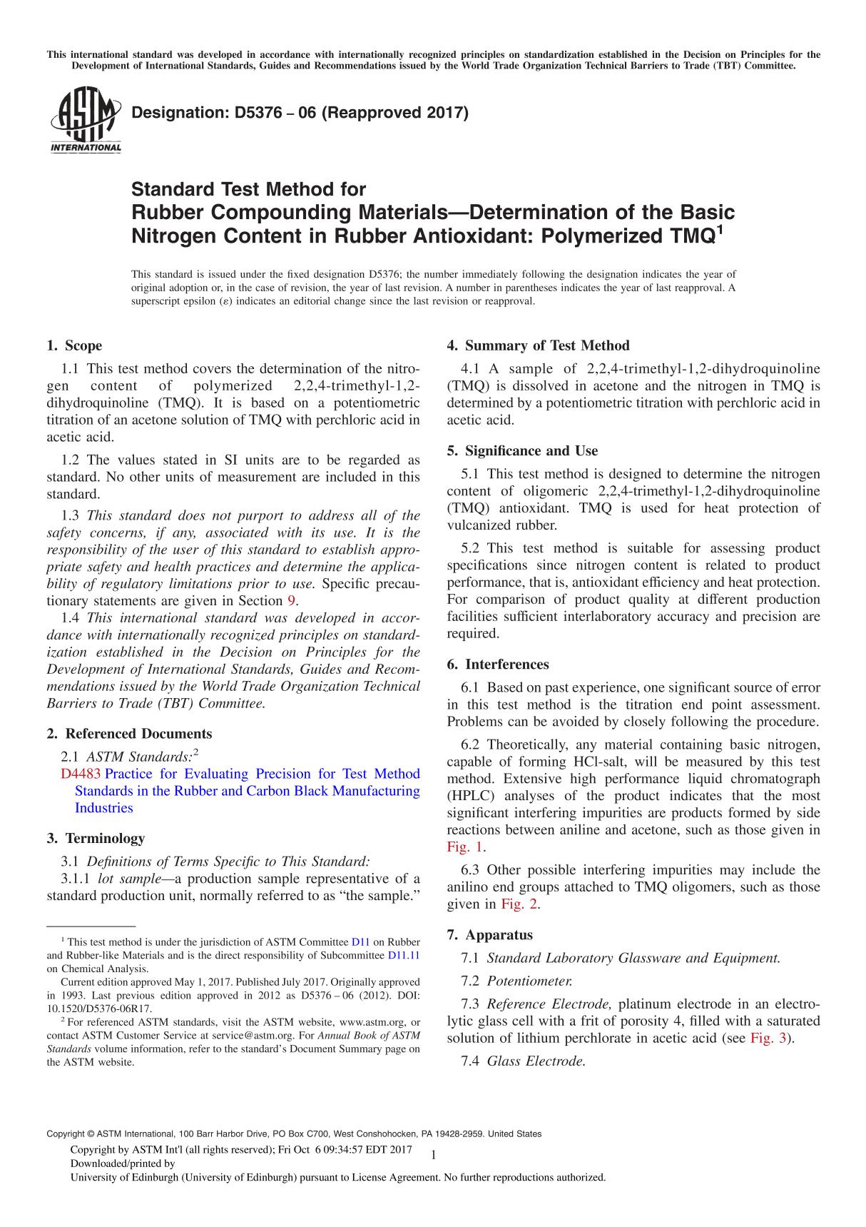 ASTM D5376-06(2017) Standard Test Method for Rubber Compounding MaterialsDetermination of the Basic Nitrogen Content in Rubber