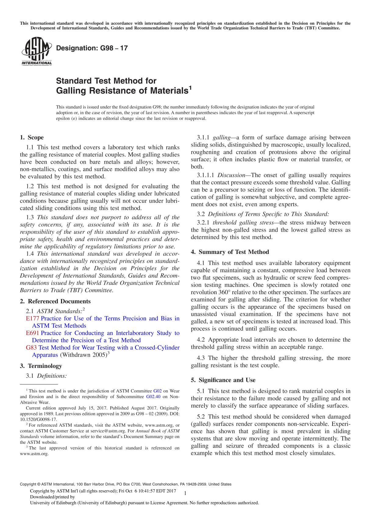 ASTM G98-17 Standard Test Method for Galling Resistance of Material