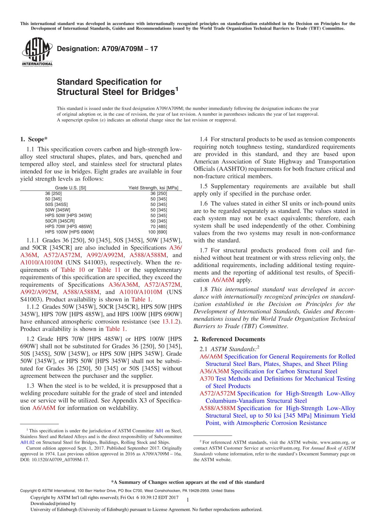 ASTM A709 A709M-17 Standard Specification for Structural Steel for Bridge