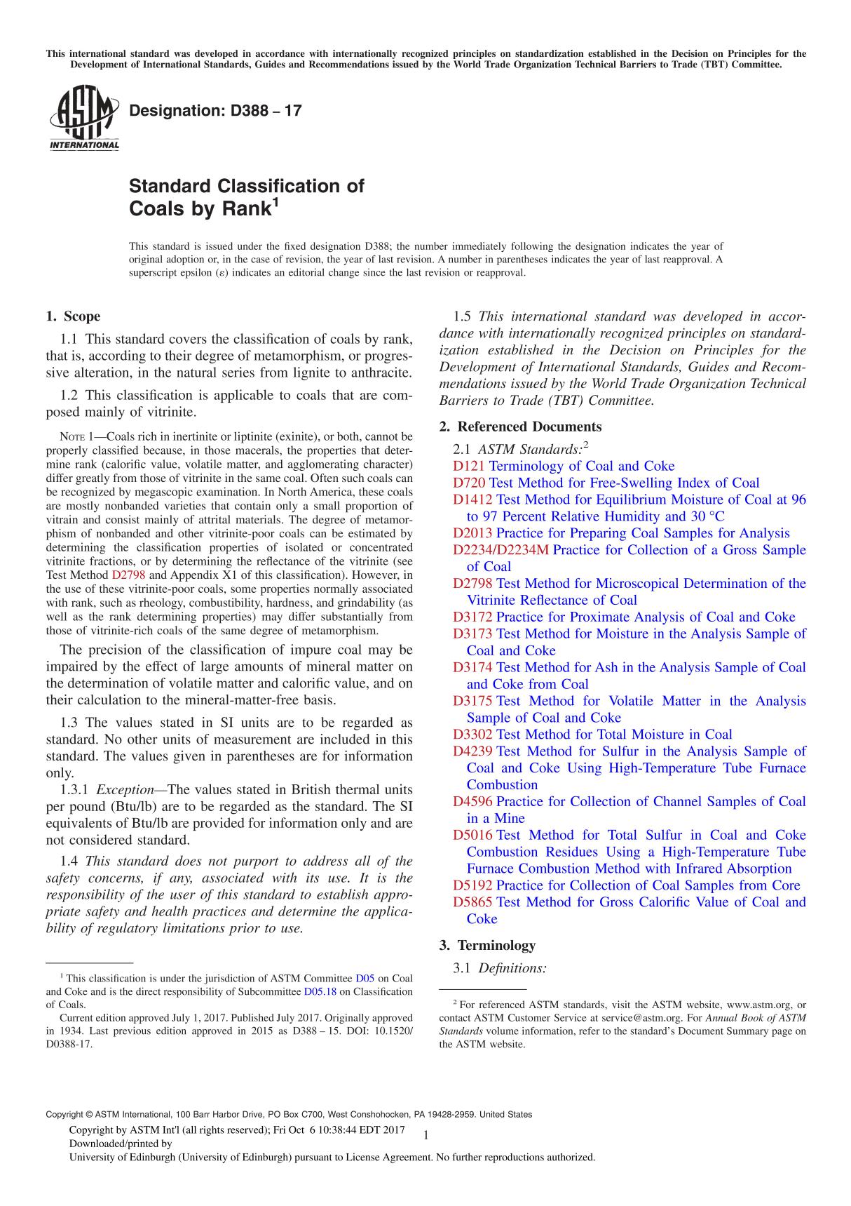 ASTM D388-17 Standard Classification of Coals by Rank