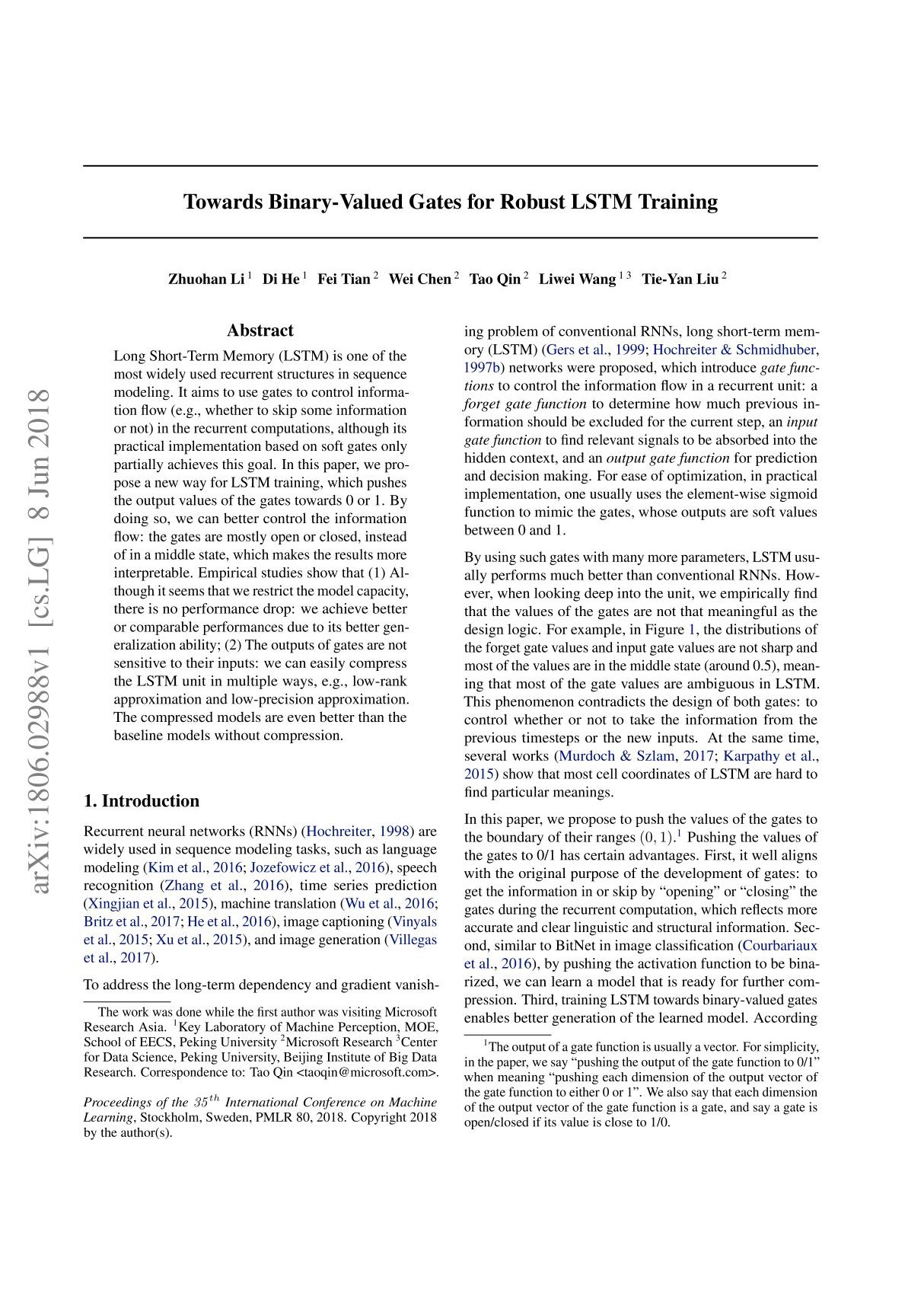 Towards Binary-Valued Gates for Robust LSTM Training