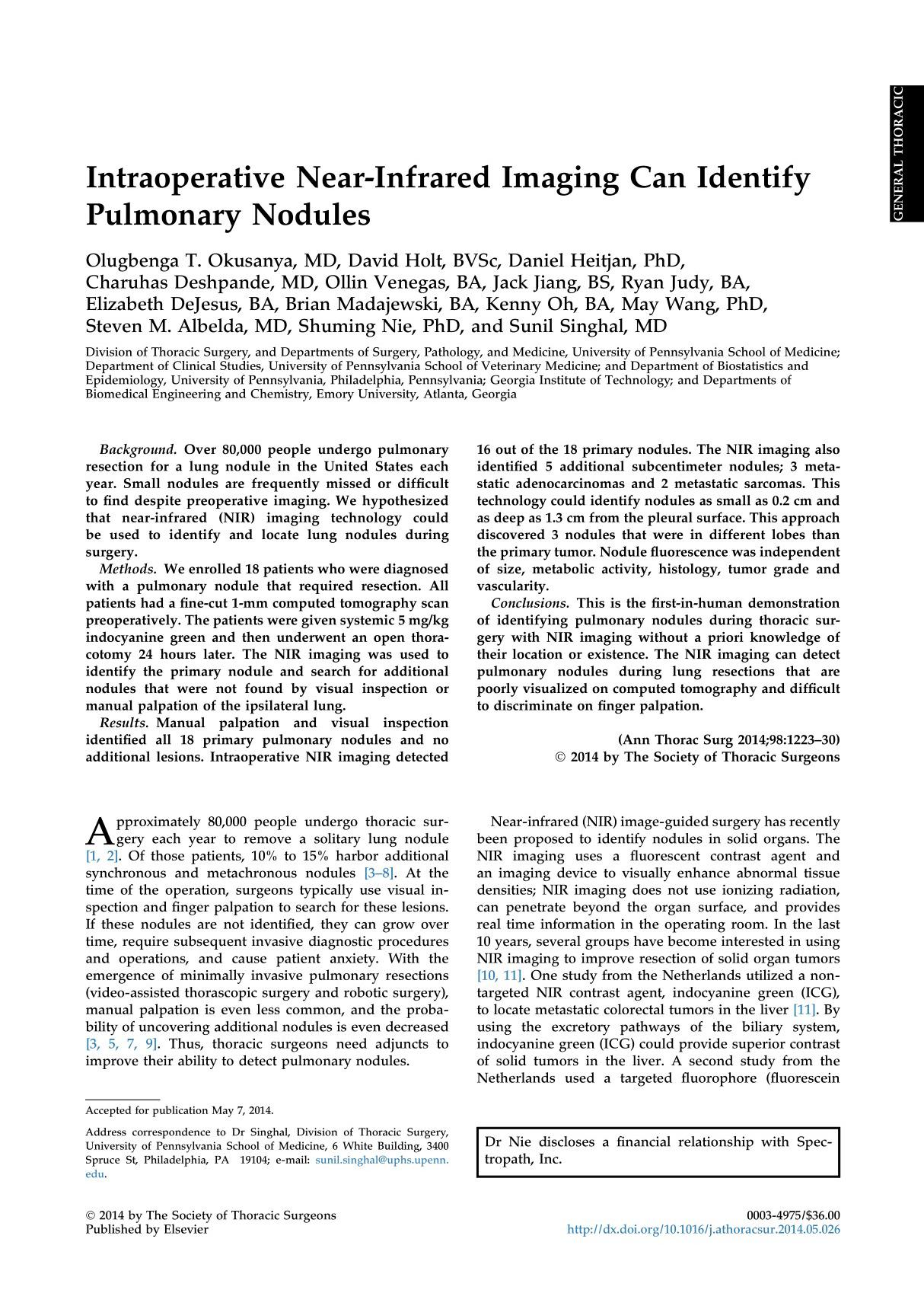 intraoperative near-infrared imaging can identify pulmonary nodules 术中近红外成像可鉴别肺结节