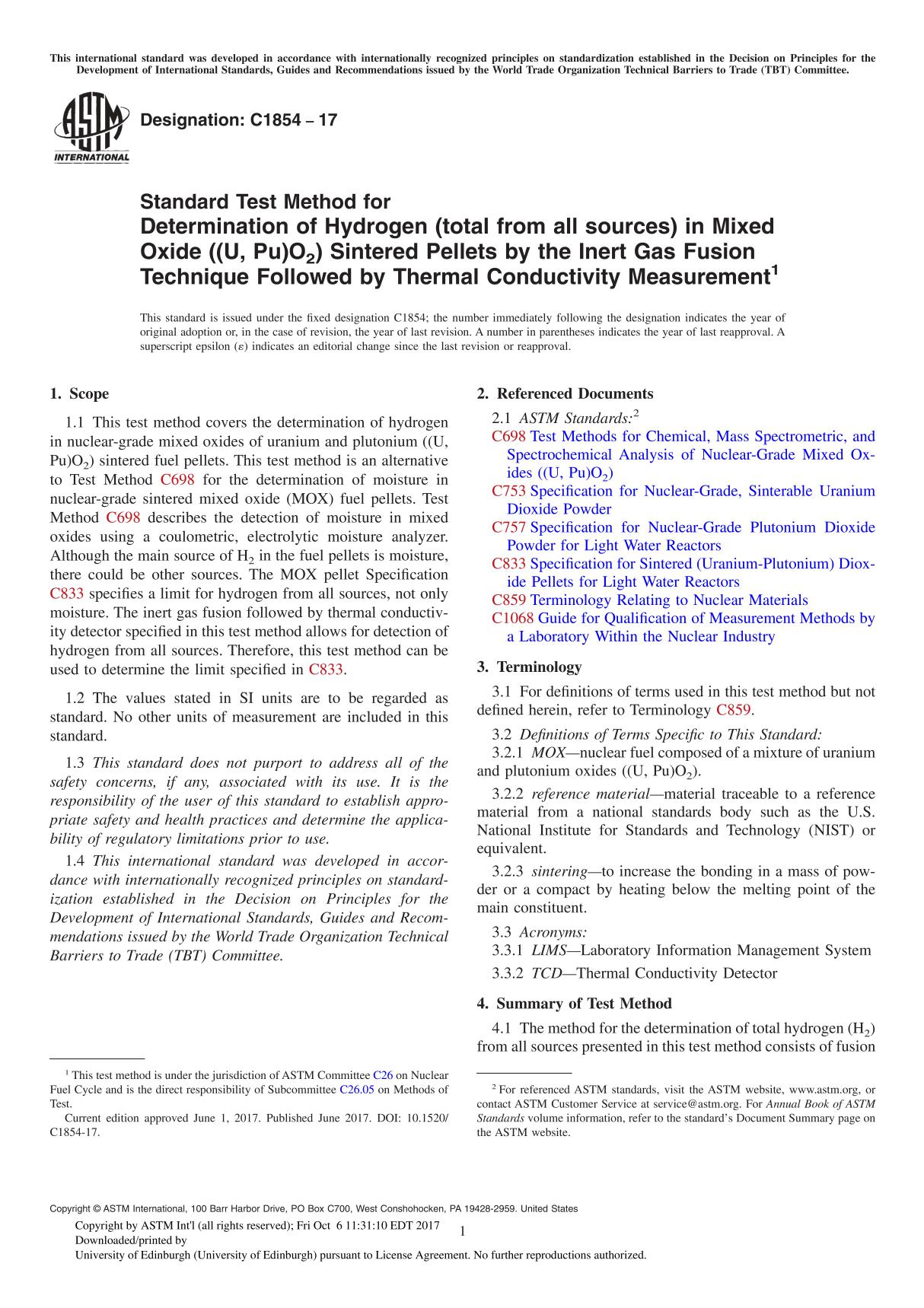 ASTM C1854-17 Standard Test Method for Determination of Hydrogen (total from all sources) in Mixed Oxide (U, Pu)O2) Sintered Pe