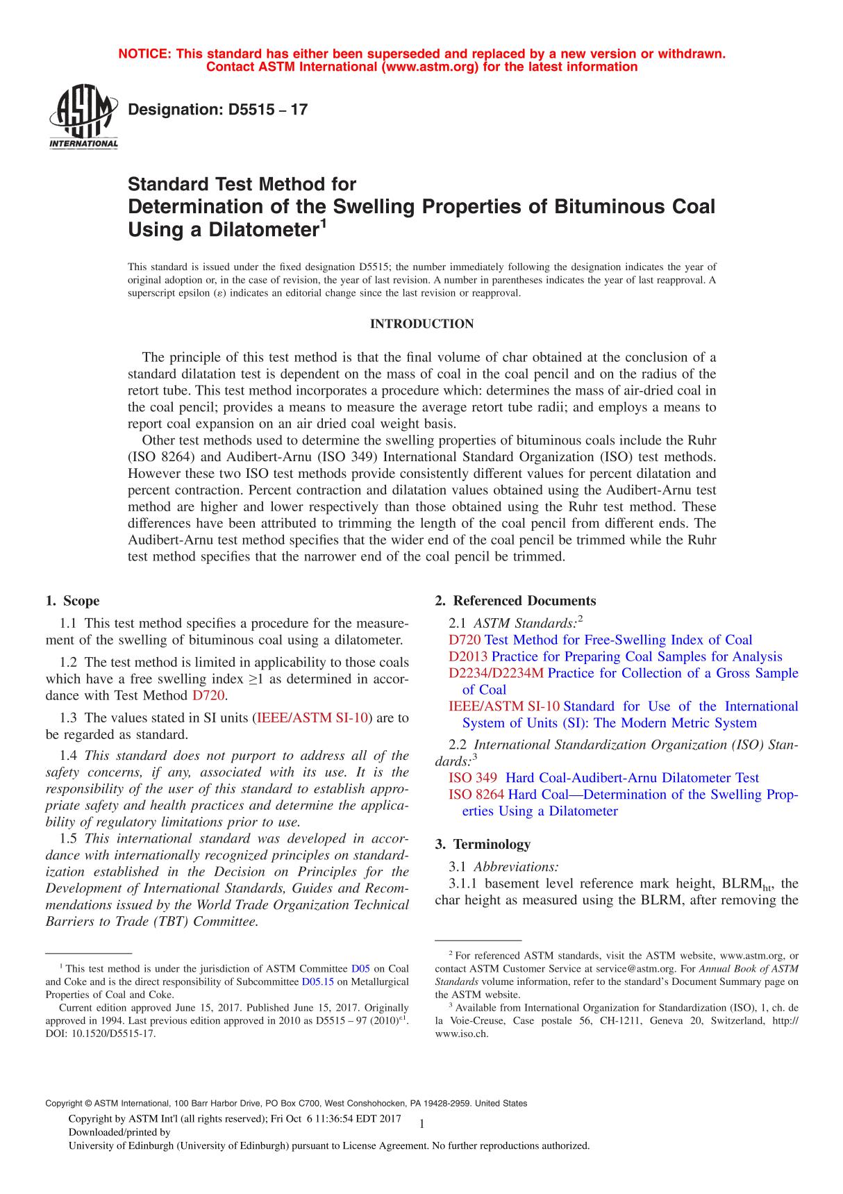 ASTM D5515 - 17 Standard Test Method for Determination of the Swelling Properties of Bituminous Coal Using a Dilatometer